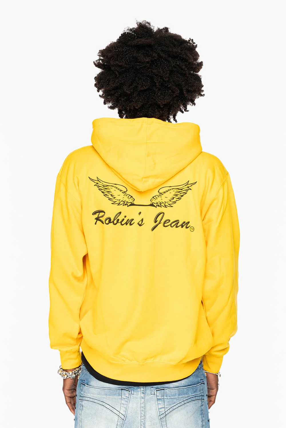 ROBIN’S JEAN PULLOVER HOODIE IN YELLOW WITH  BLACK WING PRINT - Image 2