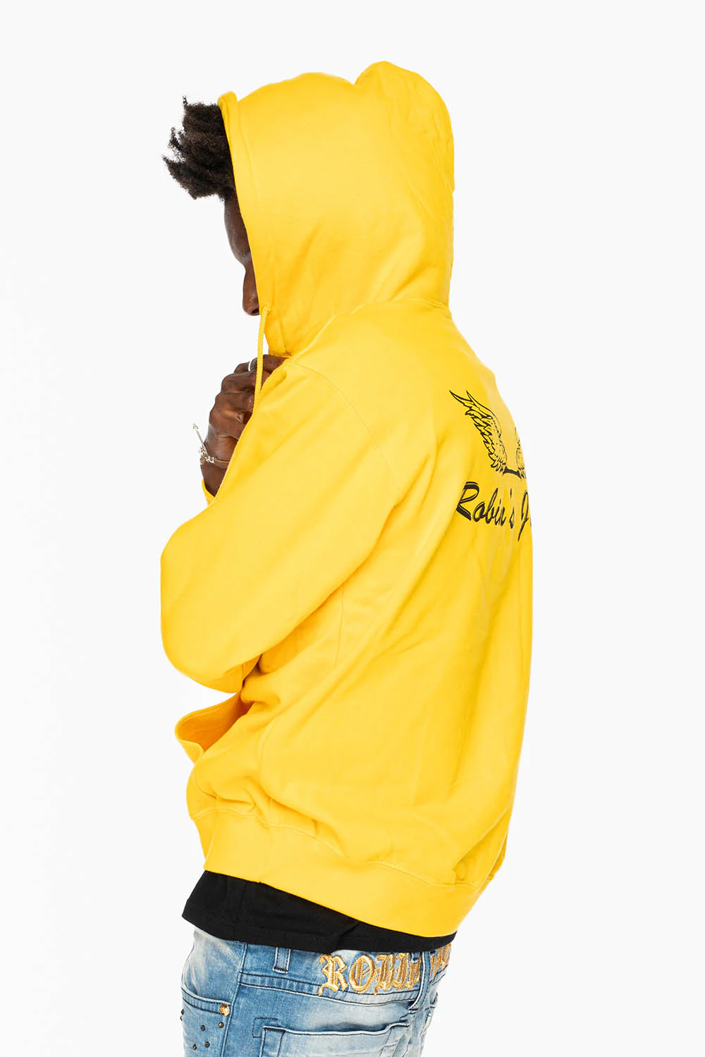 ROBIN’S JEAN PULLOVER HOODIE IN YELLOW WITH  BLACK WING PRINT - Image 5
