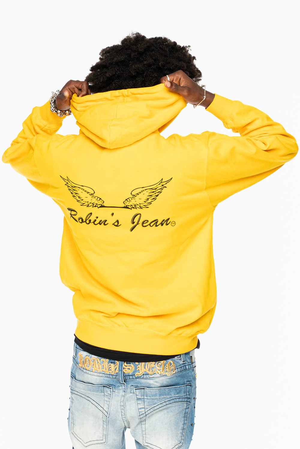 ROBIN’S JEAN PULLOVER HOODIE IN YELLOW WITH  BLACK WING PRINT - Image 6