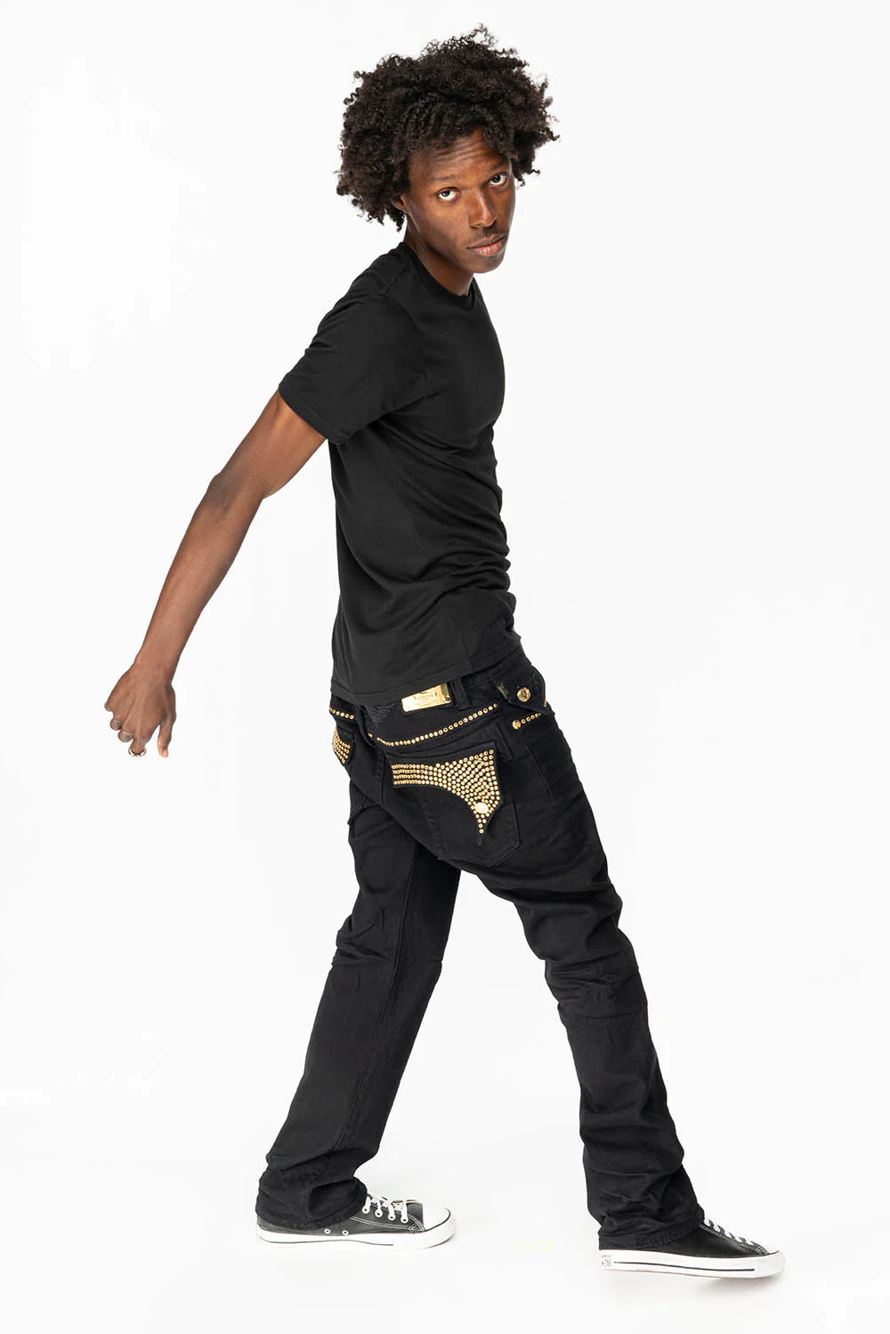 KILLER FLAP MENS STRAIGHT LEG JEAN IN  BLACK FULLY EMBELLISHED WITH SMOKEY TOPAZ CRYSTALS