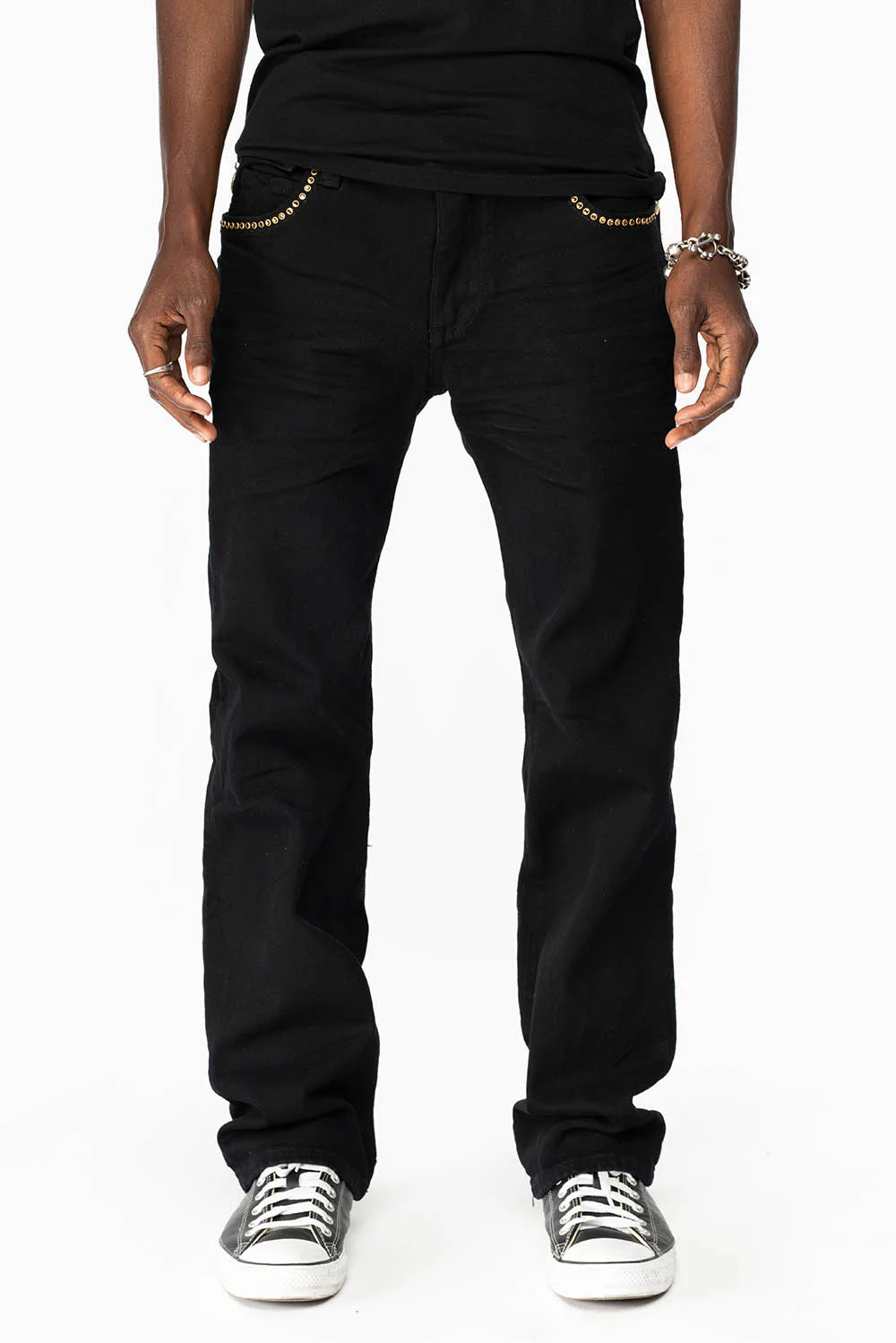 KILLER FLAP MENS STRAIGHT LEG JEAN IN  BLACK FULLY EMBELLISHED WITH SMOKEY TOPAZ CRYSTALS - Image 5