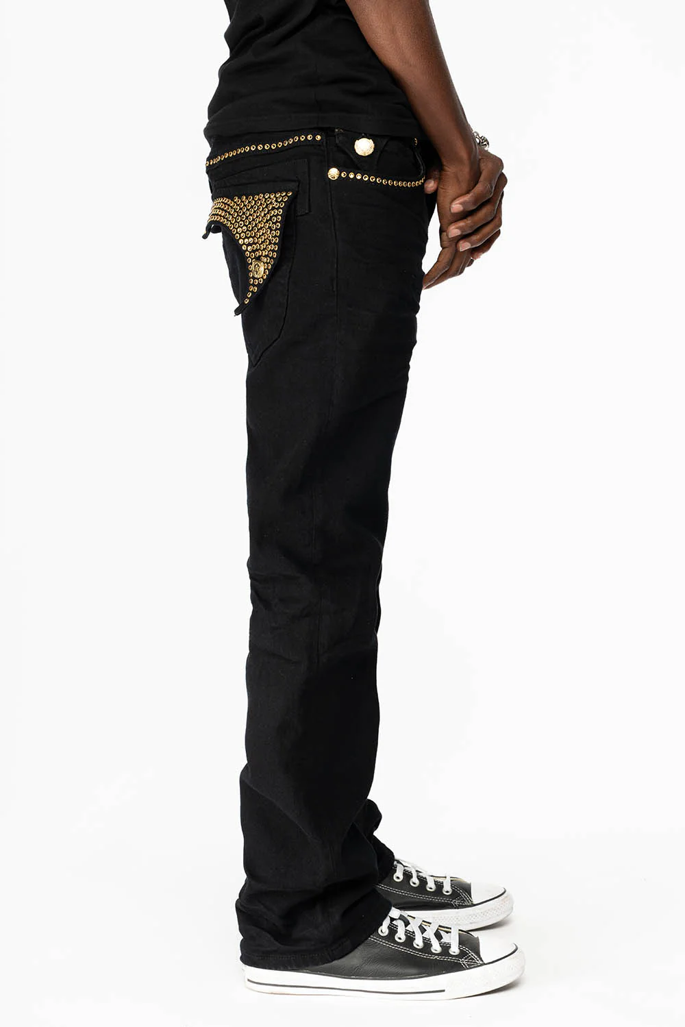 KILLER FLAP MENS STRAIGHT LEG JEAN IN  BLACK FULLY EMBELLISHED WITH SMOKEY TOPAZ CRYSTALS - Image 6