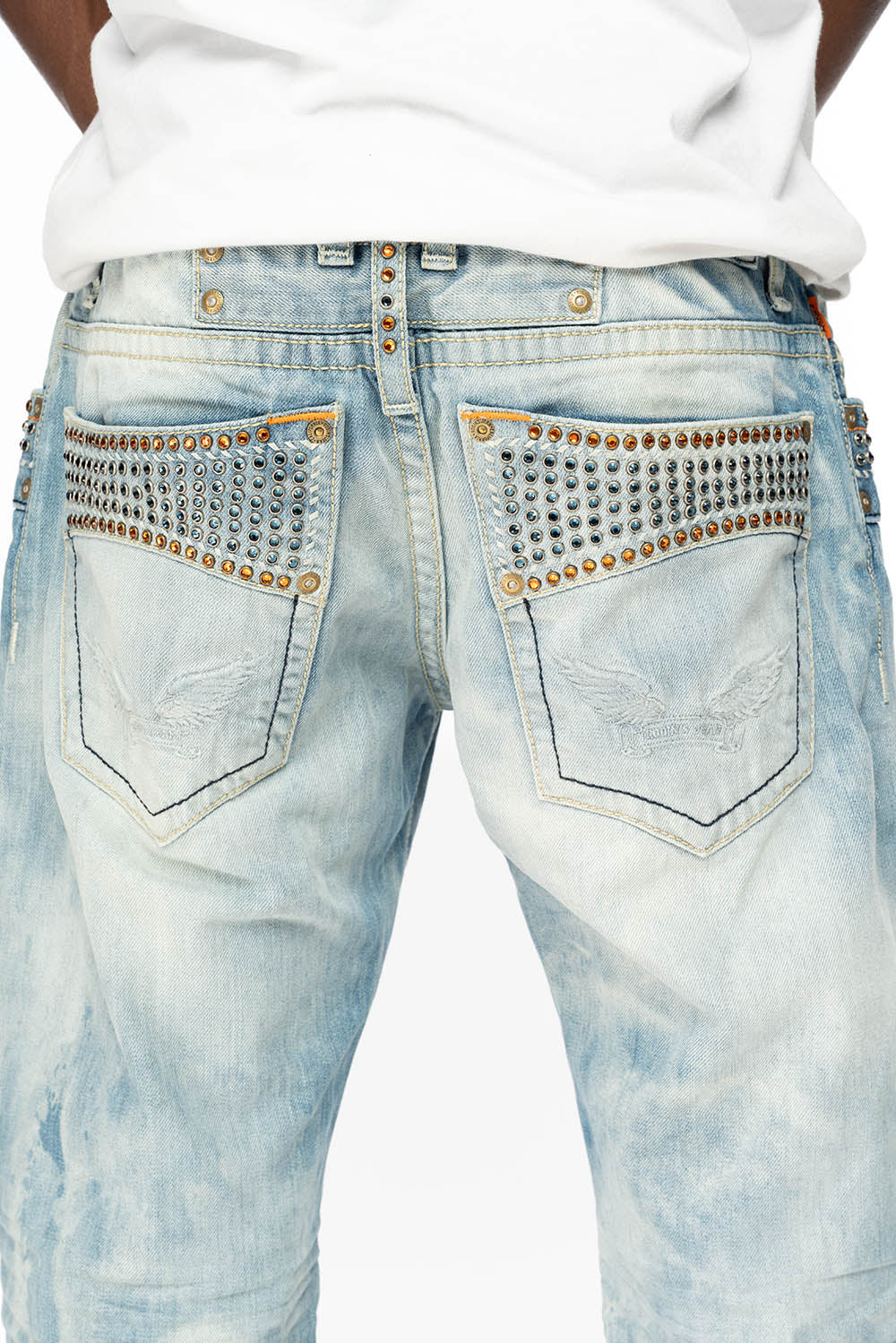 ROBIN’S BOOT CUT JEANS IN CHEROKEE BLUE WASH WITH MONTANA AND ORANGE CRYSTALS - Image 5