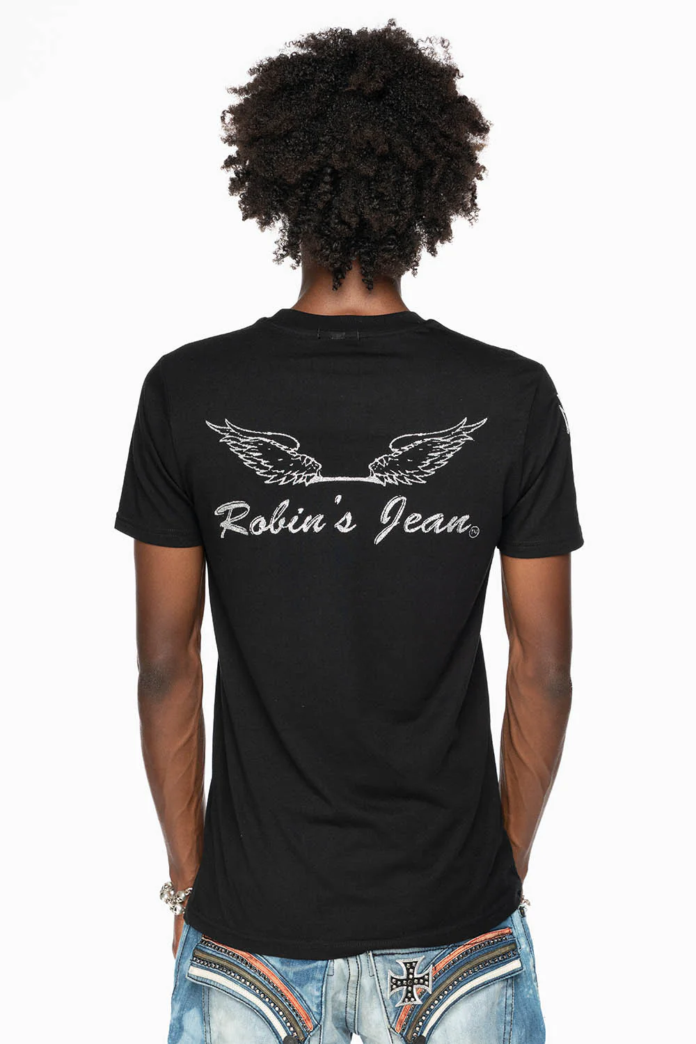 ROBIN’S LOGO WINGS TEE IN BLACK  EMBELLISHED WITH CROSS PATCHES AND CRYSTALS - Image 2