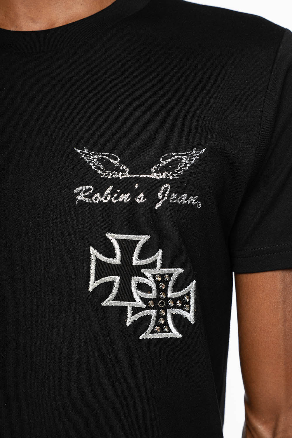 ROBIN’S LOGO WINGS TEE IN BLACK  EMBELLISHED WITH CROSS PATCHES AND CRYSTALS - Image 3