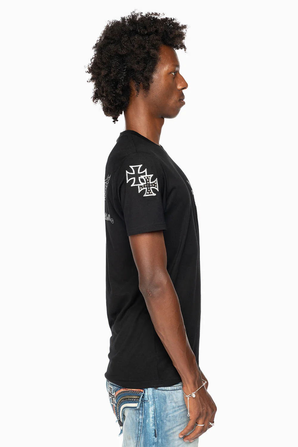 ROBIN’S LOGO WINGS TEE IN BLACK  EMBELLISHED WITH CROSS PATCHES AND CRYSTALS - Image 5