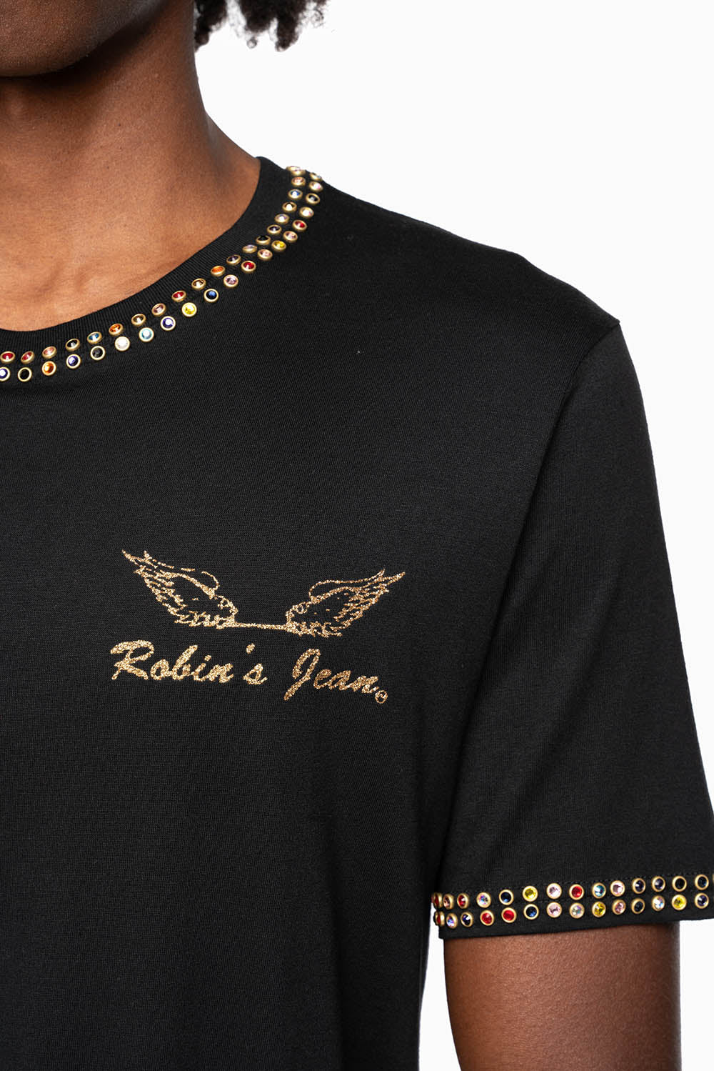 ROBIN’S LOGO WINGS TEE IN BLACK GOLD GLITTER EMBELLISHED WITH 2 LINE MULTI COLOR CRYSTALS - Image 3