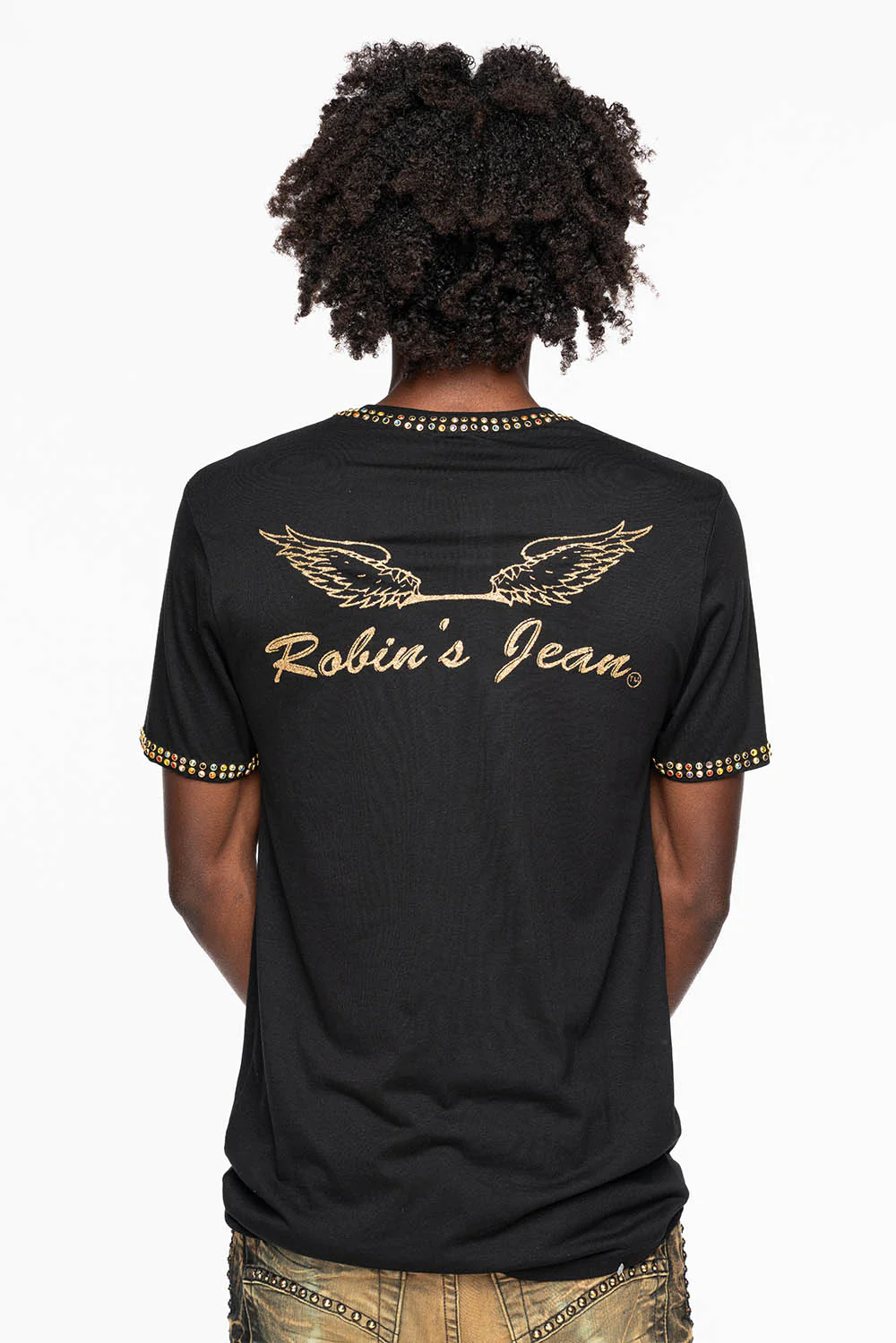 ROBIN’S LOGO WINGS TEE IN BLACK GOLD GLITTER EMBELLISHED WITH 2 LINE MULTI COLOR CRYSTALS - Image 5