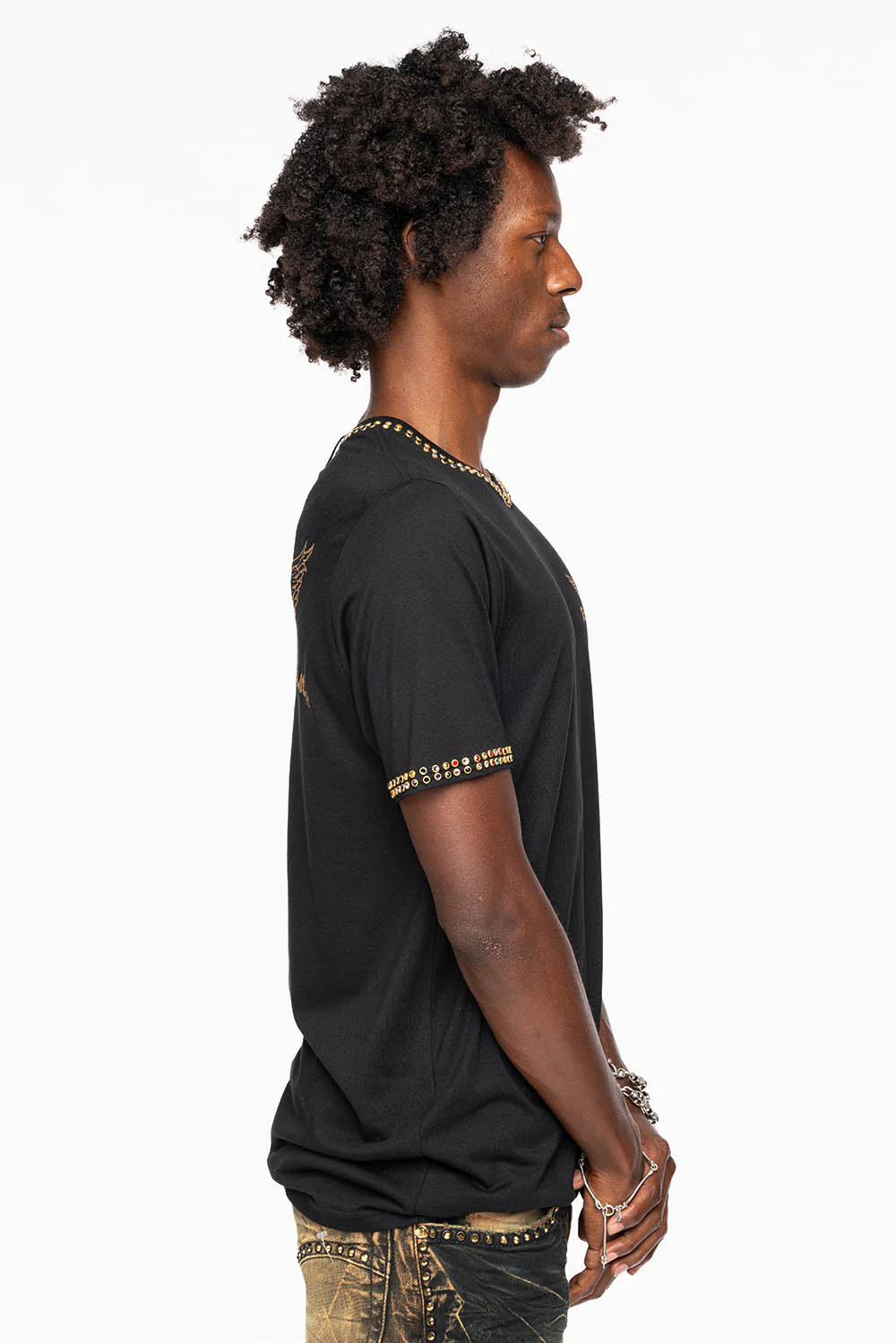ROBIN’S LOGO WINGS TEE IN BLACK GOLD GLITTER EMBELLISHED WITH 2 LINE MULTI COLOR CRYSTALS - Image 6