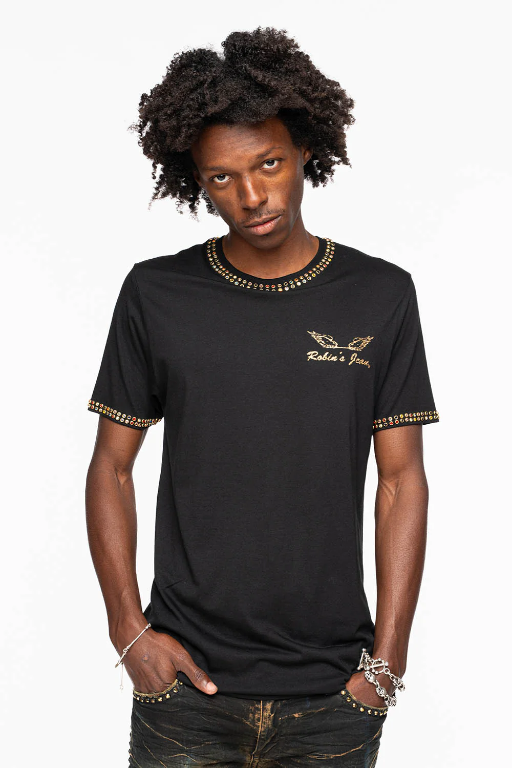 ROBIN’S LOGO WINGS TEE IN BLACK GOLD GLITTER EMBELLISHED WITH 2 LINE MULTI COLOR CRYSTALS - Image 7