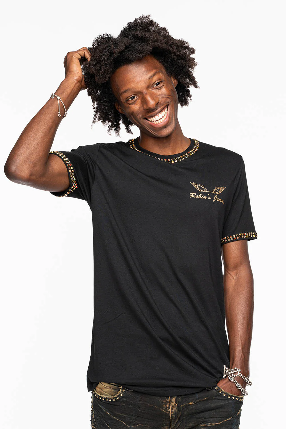 ROBIN’S LOGO WINGS TEE IN BLACK GOLD GLITTER EMBELLISHED WITH 2 LINE MULTI COLOR CRYSTALS - Image 8
