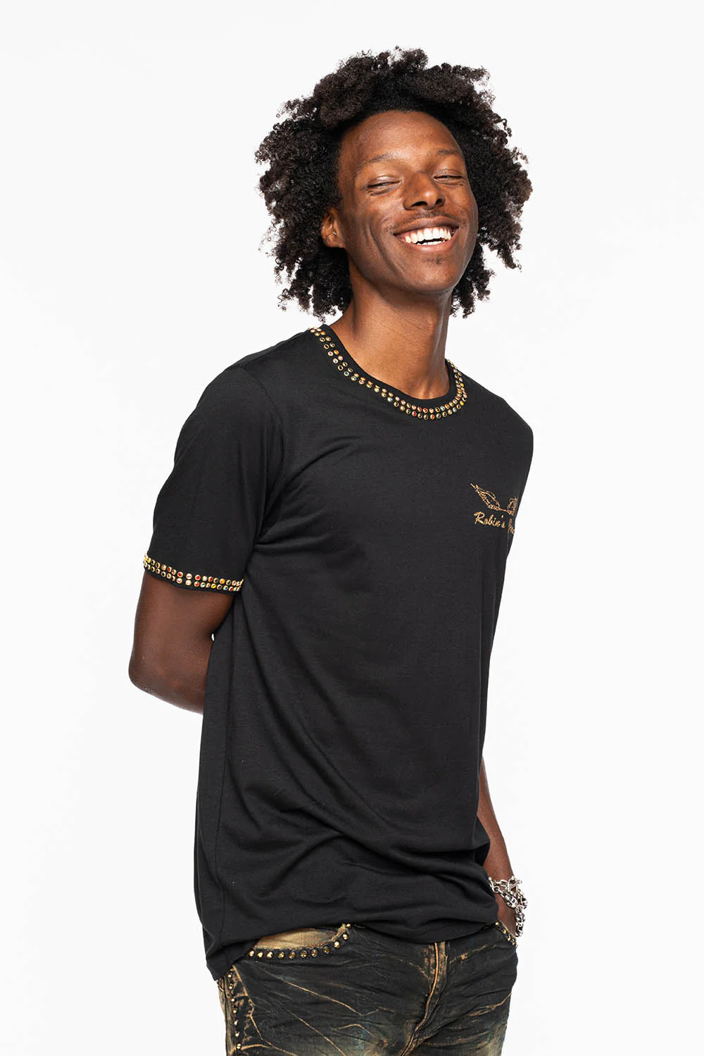 ROBIN’S LOGO WINGS TEE IN BLACK GOLD GLITTER EMBELLISHED WITH 2 LINE MULTI COLOR CRYSTALS - Image 9
