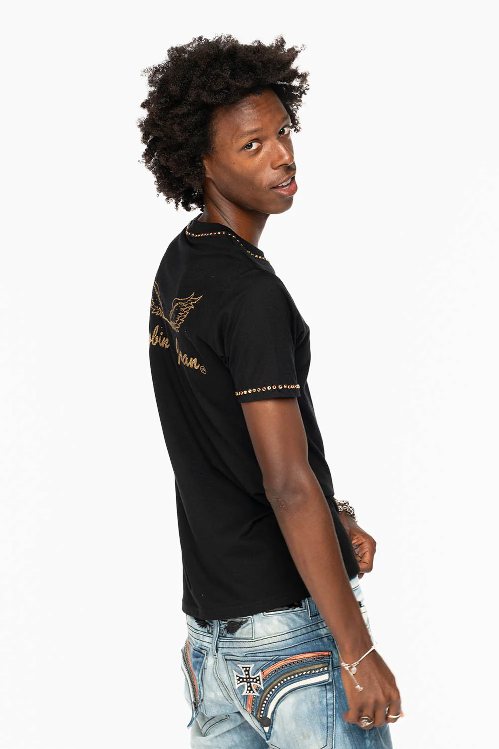ROBIN’S LOGO WINGS TEE IN BLACK GOLD GLITTER EMBELLISHED WITH MULTI COLOR CRYSTALS - Image 3