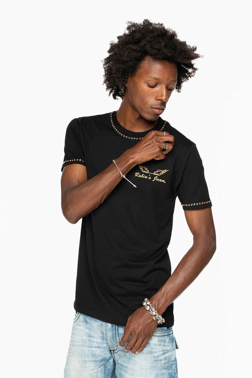 ROBIN’S LOGO WINGS TEE IN BLACK GOLD GLITTER EMBELLISHED WITH MULTI COLOR CRYSTALS - Image 4