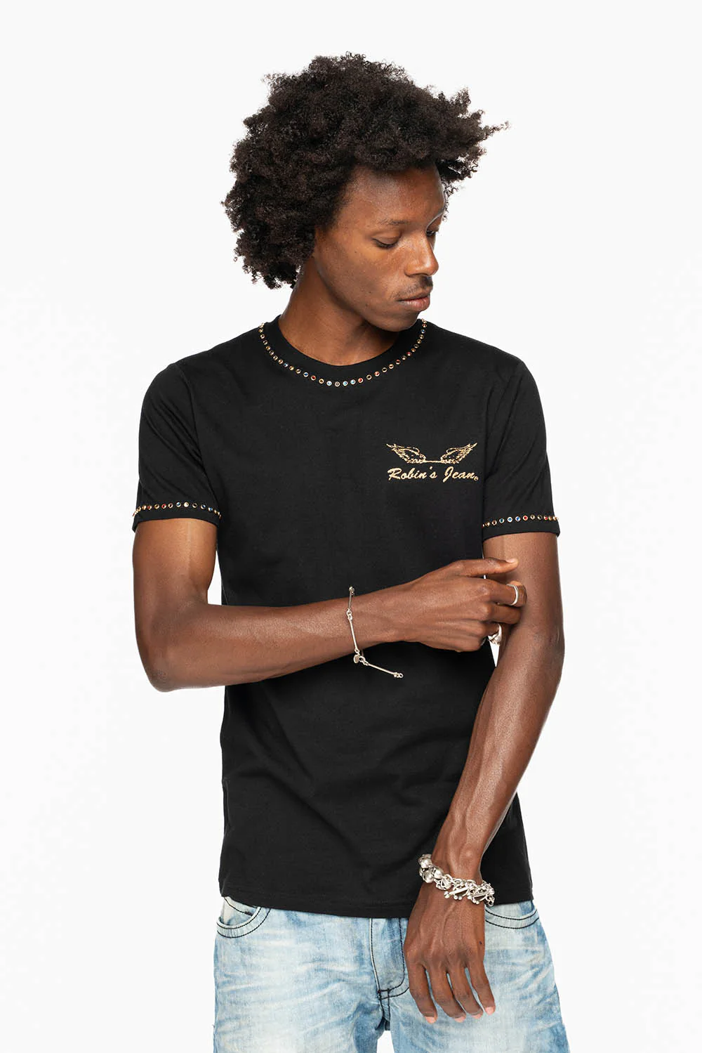 ROBIN’S LOGO WINGS TEE IN BLACK GOLD GLITTER EMBELLISHED WITH MULTI COLOR CRYSTALS - Image 5