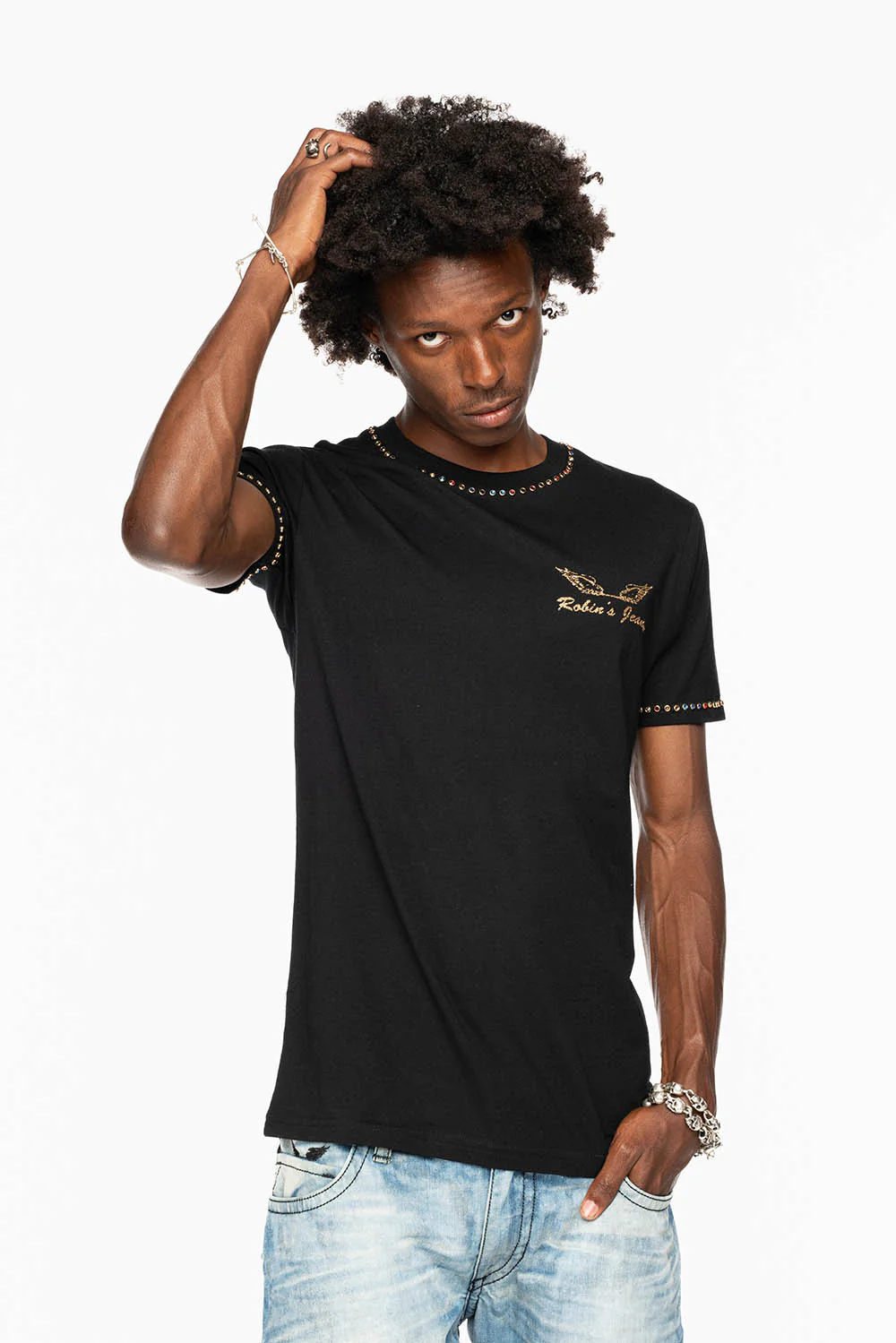 ROBIN’S LOGO WINGS TEE IN BLACK GOLD GLITTER EMBELLISHED WITH MULTI COLOR CRYSTALS - Image 6