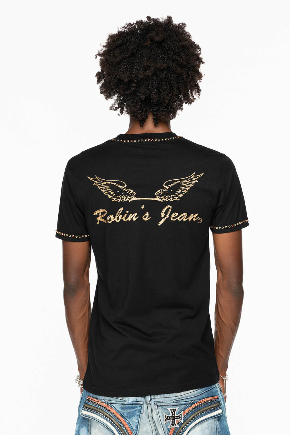 ROBIN’S LOGO WINGS TEE IN BLACK GOLD GLITTER EMBELLISHED WITH MULTI COLOR CRYSTALS - Image 9