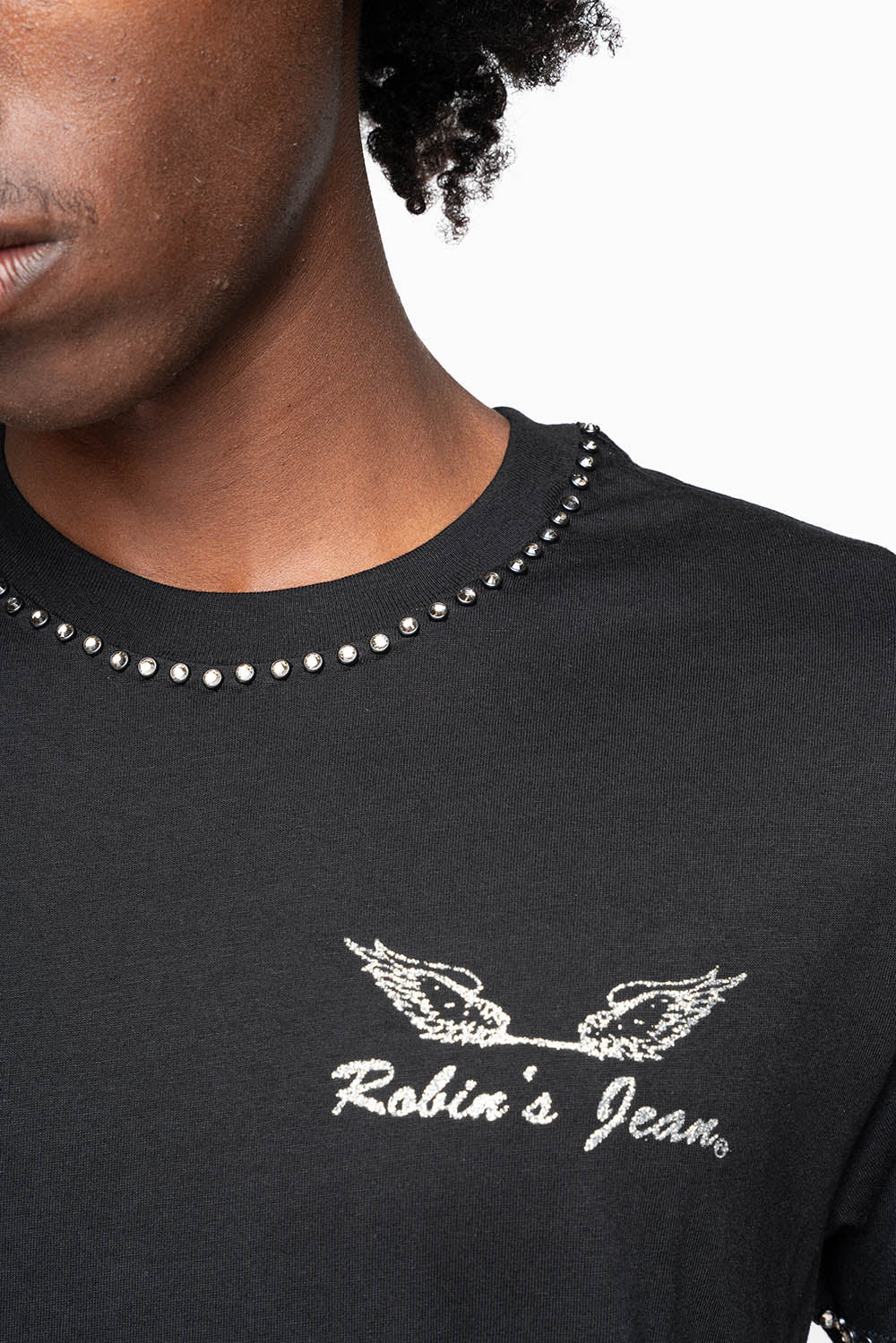 ROBIN’S LOGO WINGS TEE IN BLACK SILVER GLITTER EMBELLISHED WITH BLACK DIAMOND CRYSTALS - Image 2