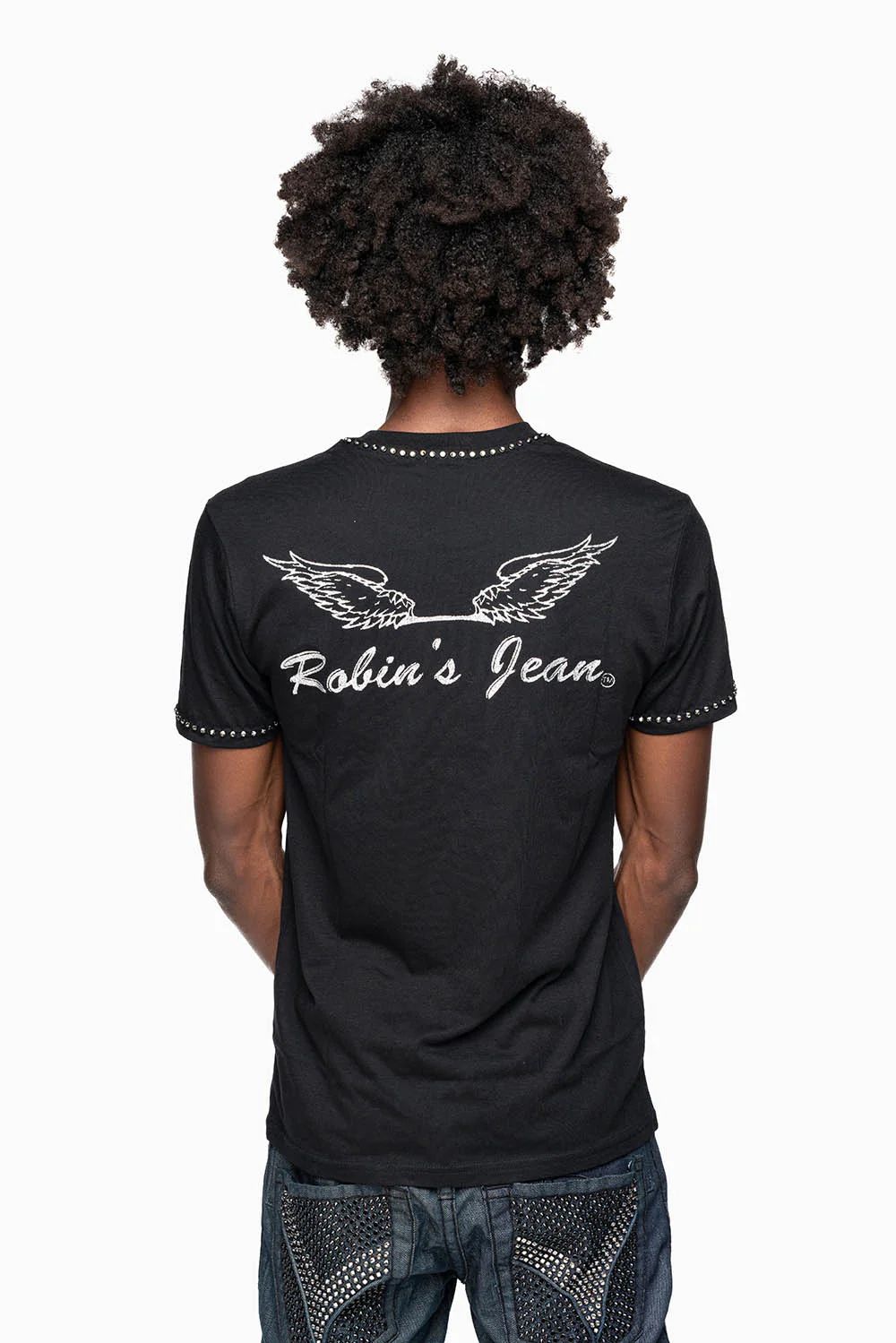 ROBIN’S LOGO WINGS TEE IN BLACK SILVER GLITTER EMBELLISHED WITH BLACK DIAMOND CRYSTALS - Image 3