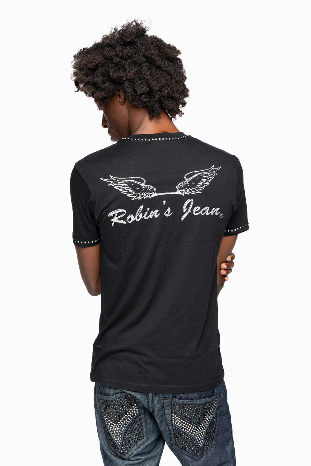 ROBIN’S LOGO WINGS TEE IN BLACK SILVER GLITTER EMBELLISHED WITH BLACK DIAMOND CRYSTALS - Image 5