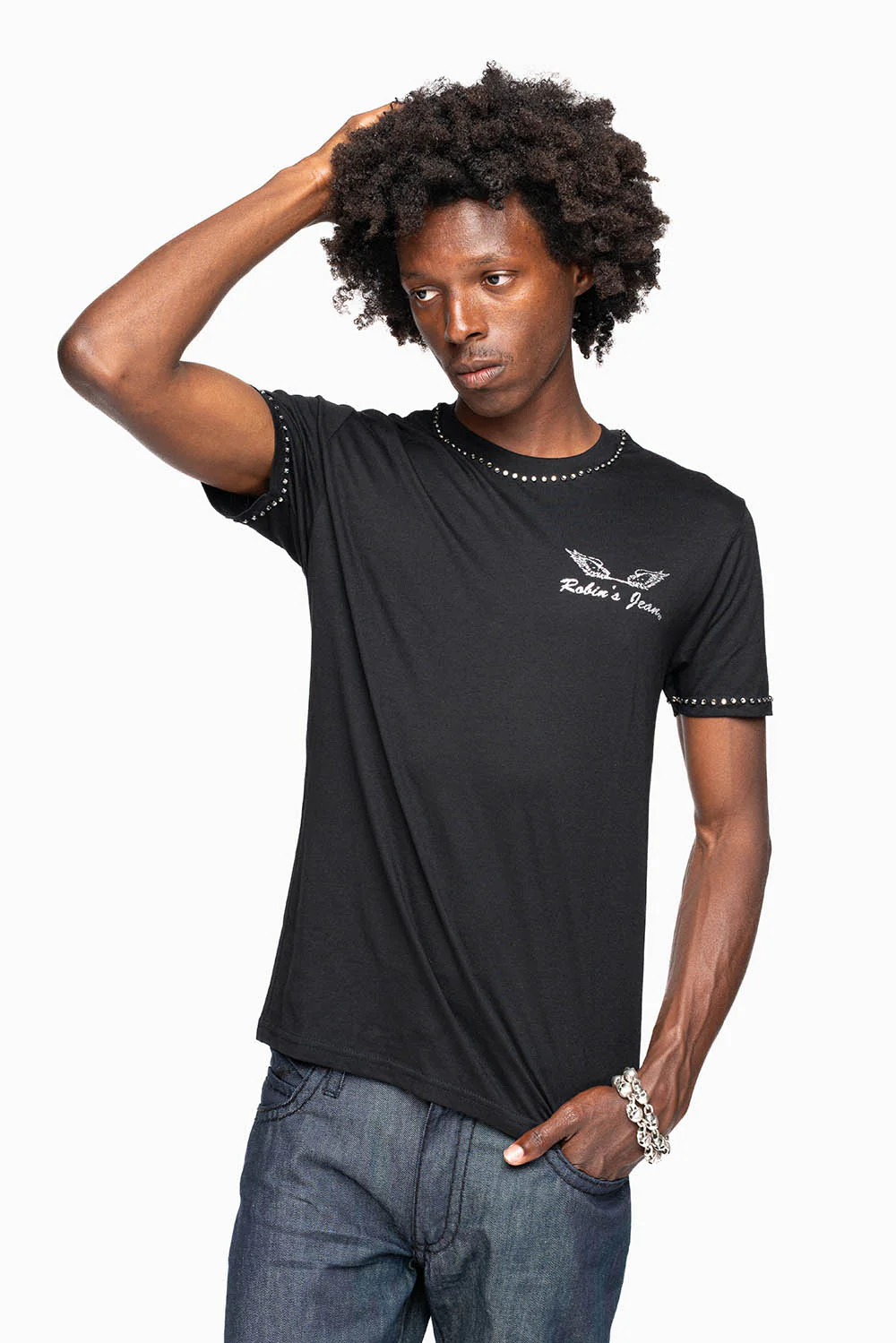 ROBIN’S LOGO WINGS TEE IN BLACK SILVER GLITTER EMBELLISHED WITH BLACK DIAMOND CRYSTALS - Image 6