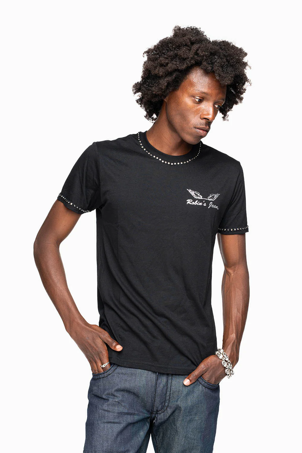 ROBIN’S LOGO WINGS TEE IN BLACK SILVER GLITTER EMBELLISHED WITH BLACK DIAMOND CRYSTALS - Image 7