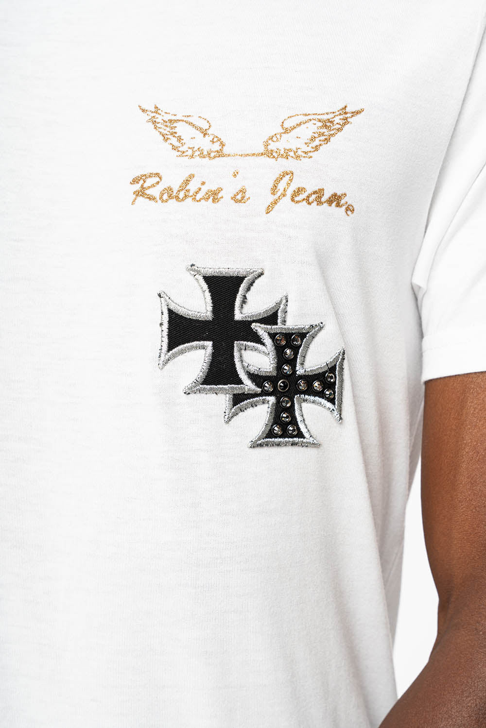 ROBIN’S LOGO WINGS TEE IN WHITE  EMBELLISHED WITH CROSS PATCHES AND CRYSTALS - Image 2