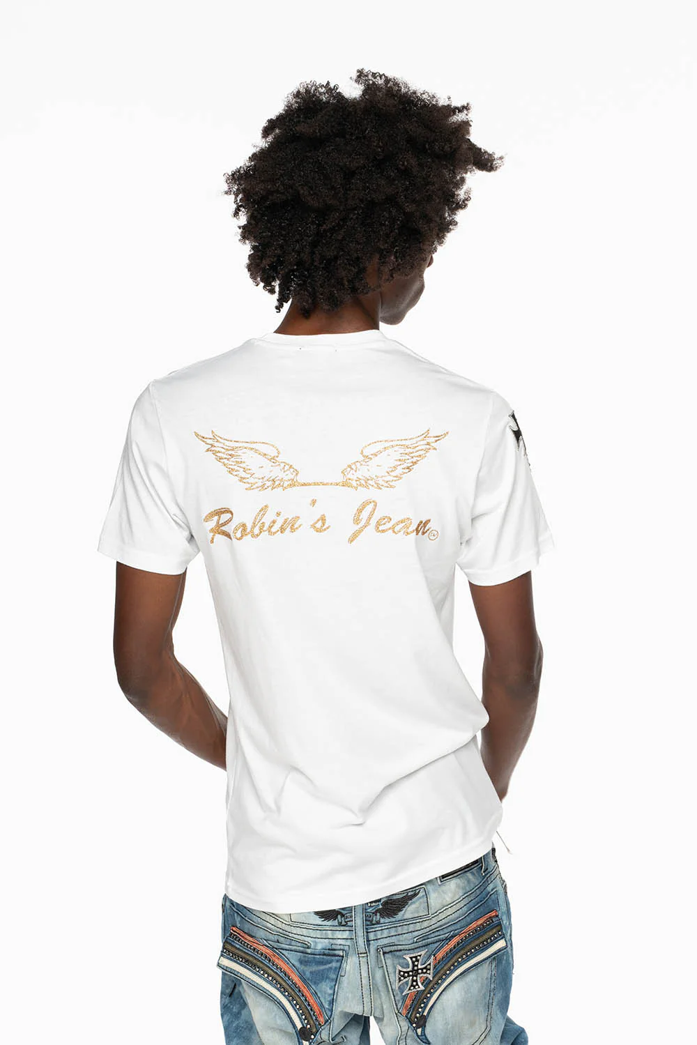 ROBIN’S LOGO WINGS TEE IN WHITE  EMBELLISHED WITH CROSS PATCHES AND CRYSTALS - Image 4