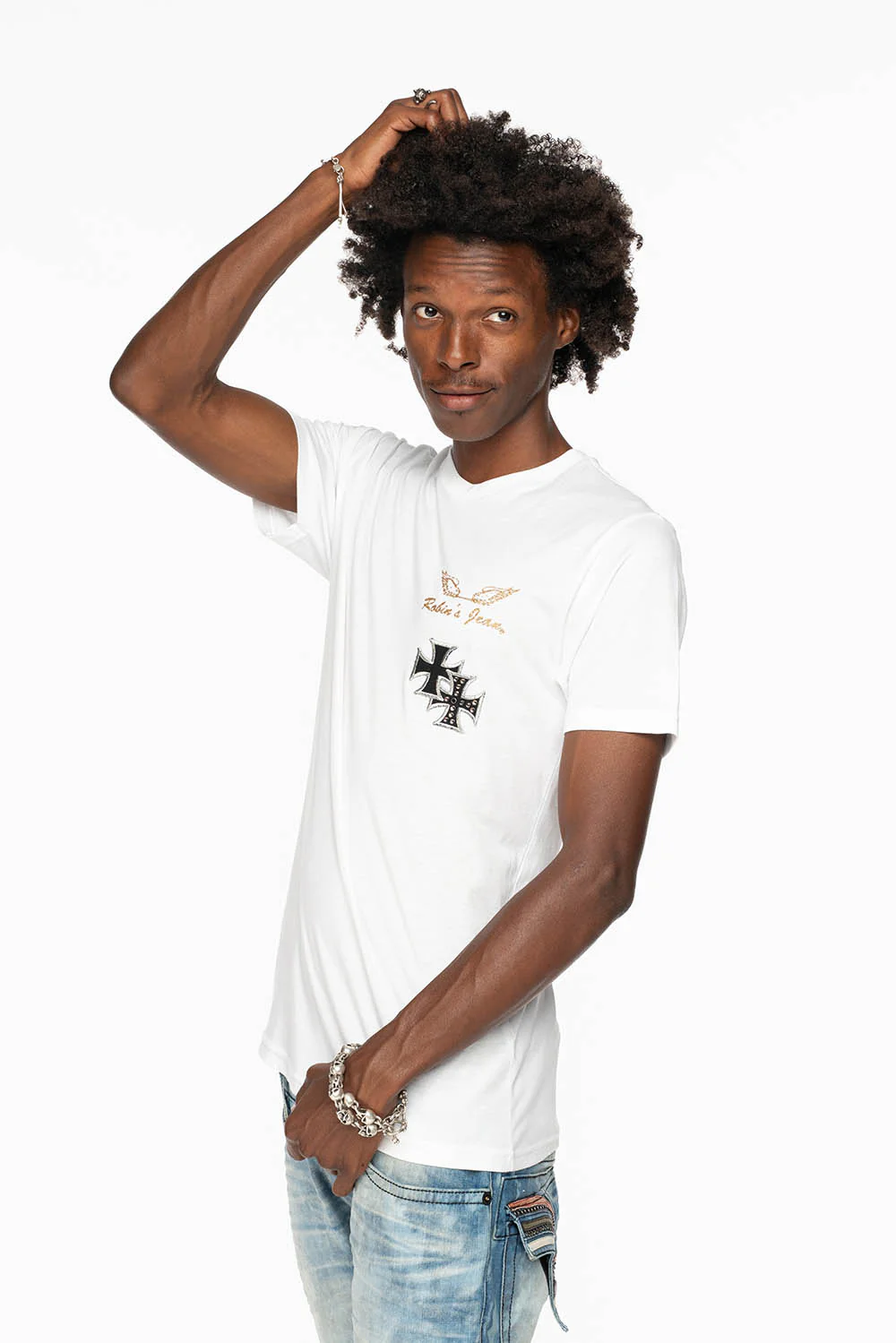 ROBIN’S LOGO WINGS TEE IN WHITE  EMBELLISHED WITH CROSS PATCHES AND CRYSTALS - Image 5