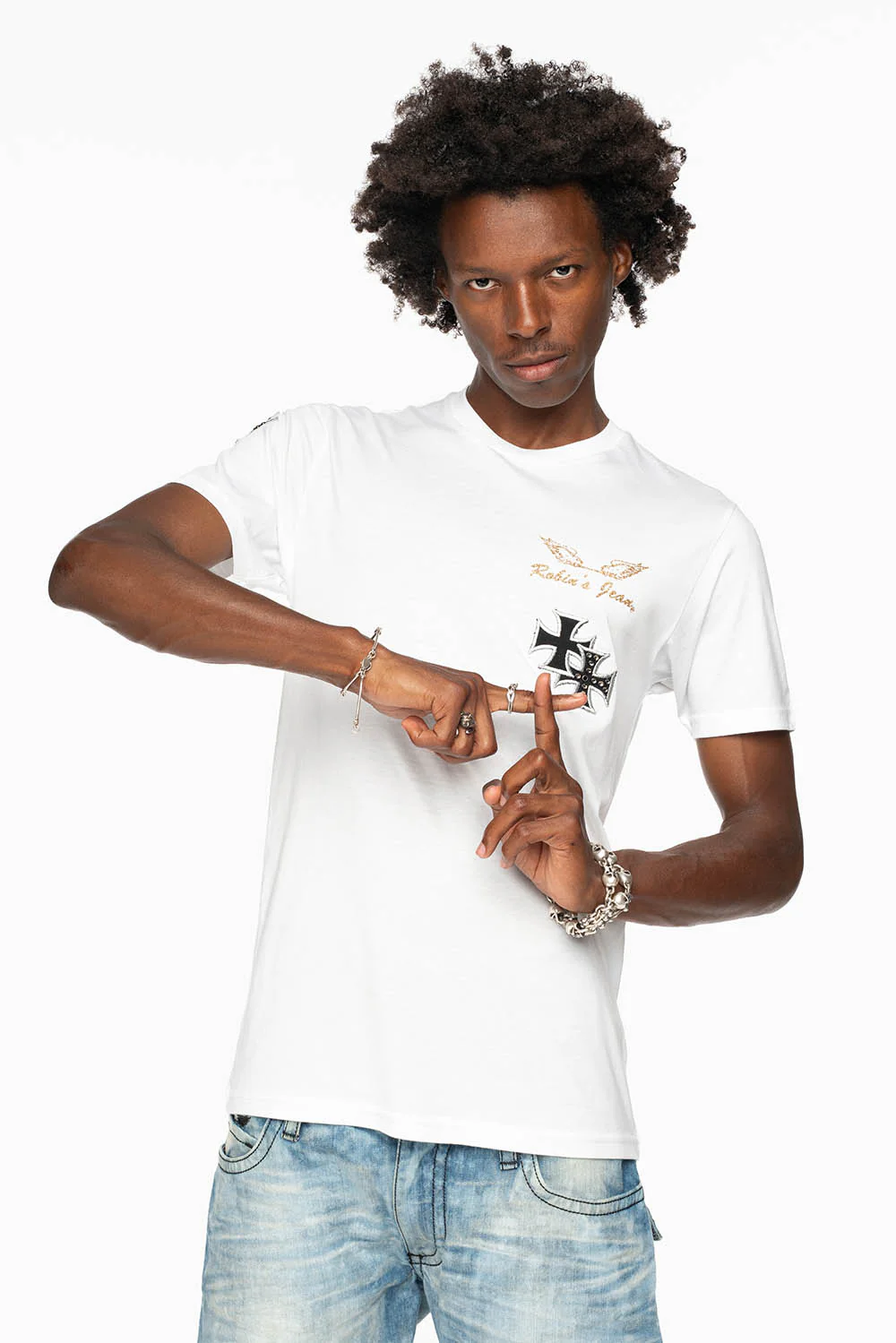 ROBIN’S LOGO WINGS TEE IN WHITE  EMBELLISHED WITH CROSS PATCHES AND CRYSTALS - Image 6