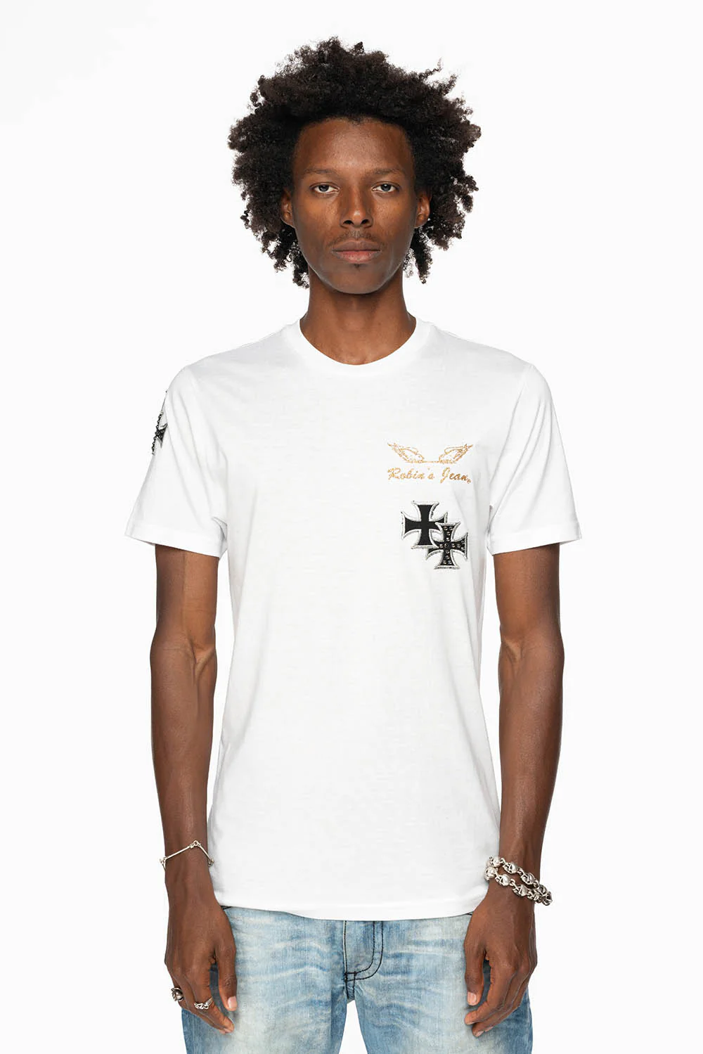ROBIN’S LOGO WINGS TEE IN WHITE  EMBELLISHED WITH CROSS PATCHES AND CRYSTALS - Image 9