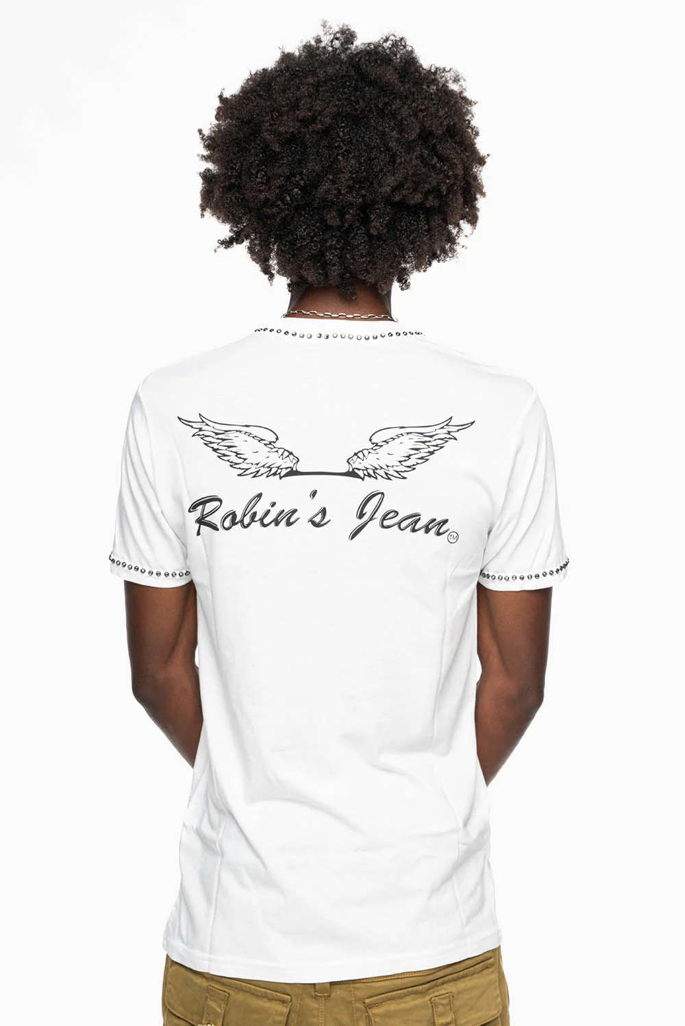 ROBIN’S LOGO WINGS WHITE TEE IN BLACK PRINT EMBELLISHED WITH BLACK DIAMOND CRYSTALS - Image 3