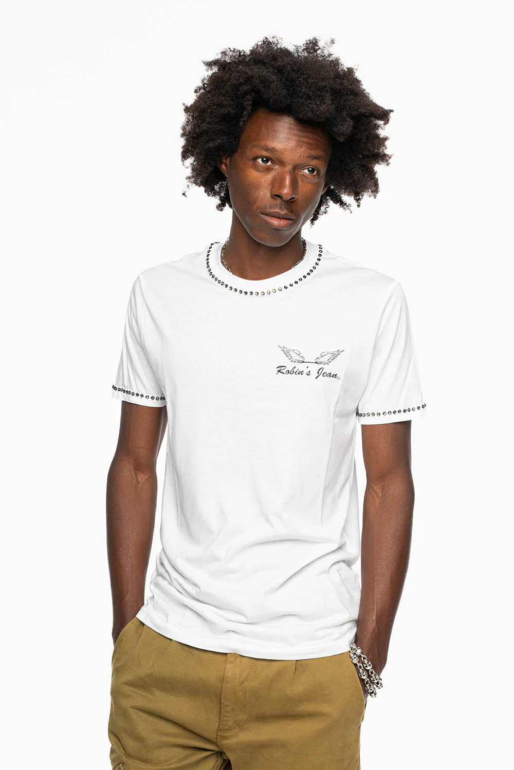 ROBIN’S LOGO WINGS WHITE TEE IN BLACK PRINT EMBELLISHED WITH BLACK DIAMOND CRYSTALS - Image 4