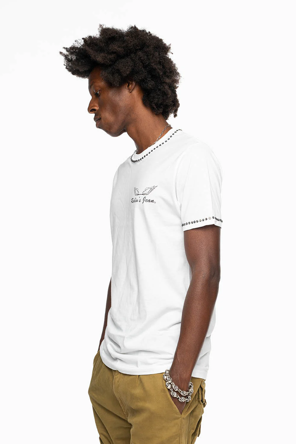 ROBIN’S LOGO WINGS WHITE TEE IN BLACK PRINT EMBELLISHED WITH BLACK DIAMOND CRYSTALS - Image 5