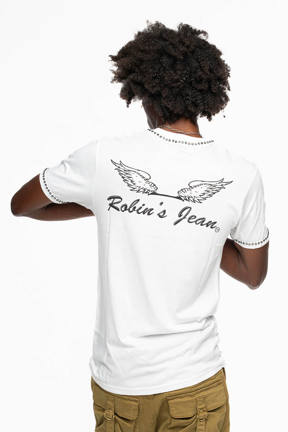 ROBIN’S LOGO WINGS WHITE TEE IN BLACK PRINT EMBELLISHED WITH BLACK DIAMOND CRYSTALS - Image 6