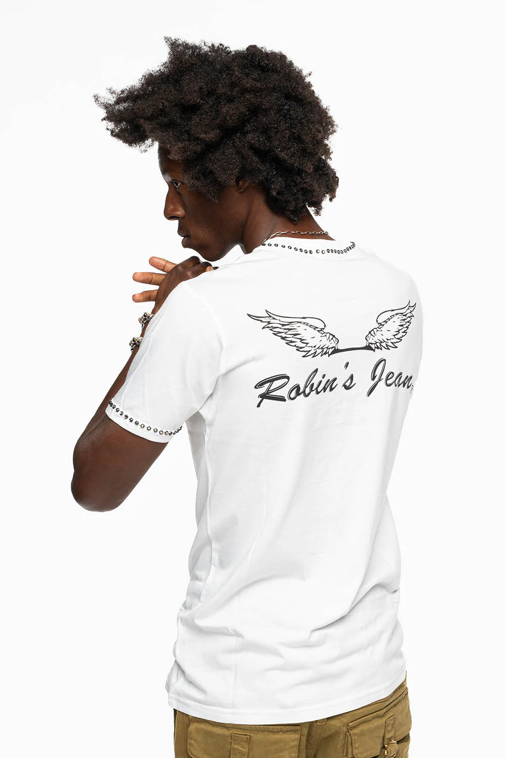 ROBIN’S LOGO WINGS WHITE TEE IN BLACK PRINT EMBELLISHED WITH BLACK DIAMOND CRYSTALS - Image 7