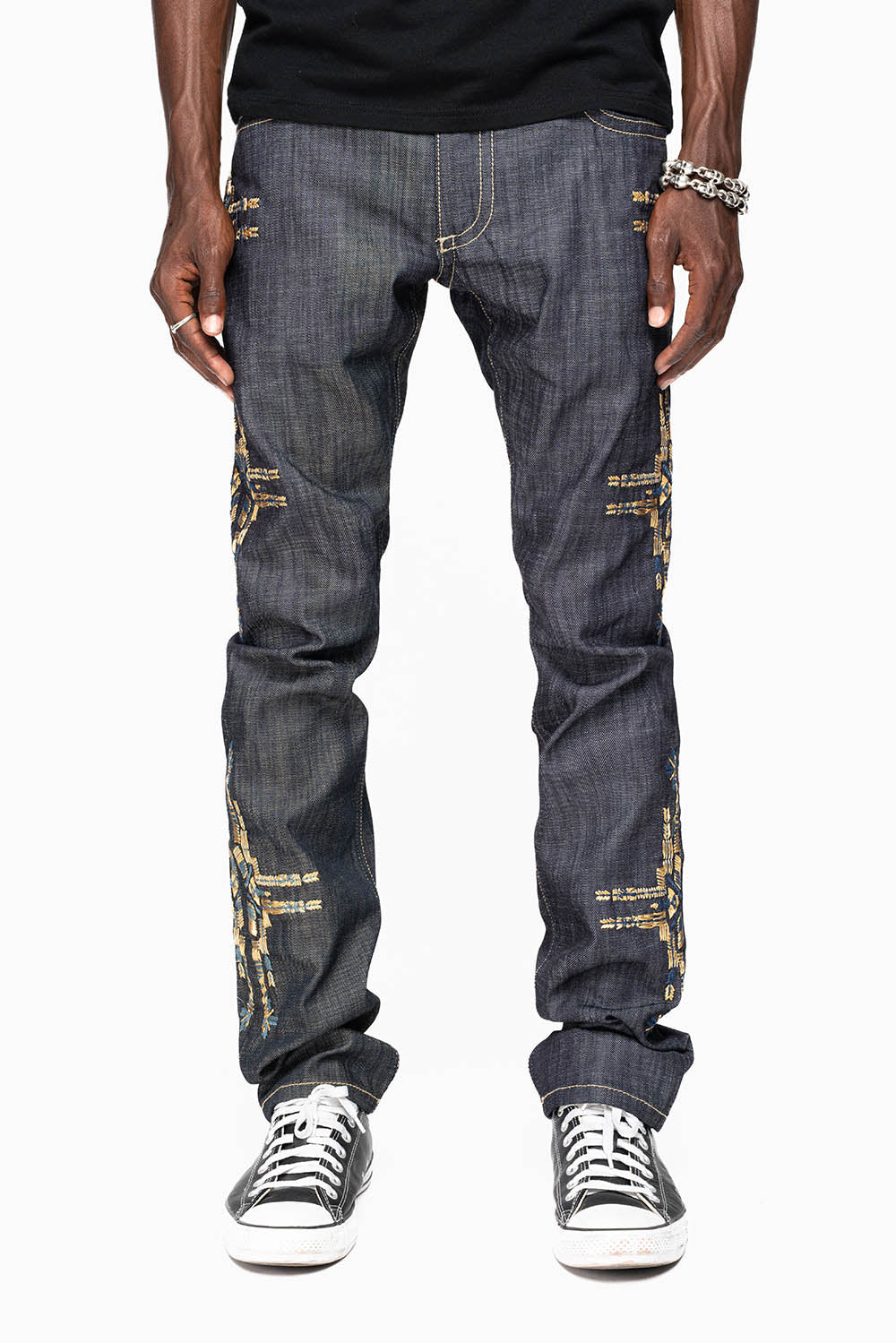 ROBIN’S MEN  SLIM JEAN IN CHAPA GOLD INDIGO RAW DENIM WITH GOLD WING AND CHAPA EMBROIDERY - Image 3
