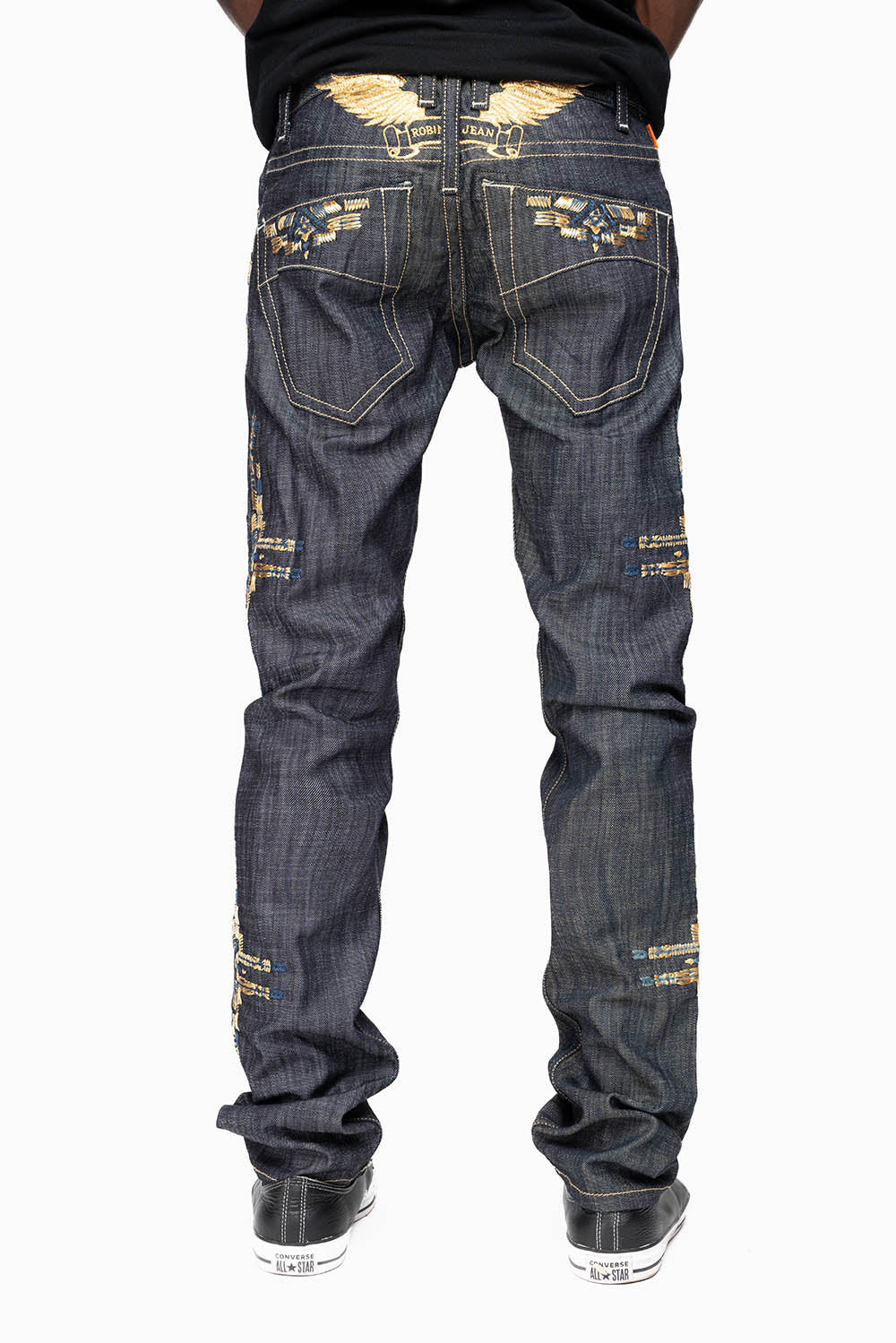 ROBIN’S MEN  SLIM JEAN IN CHAPA GOLD INDIGO RAW DENIM WITH GOLD WING AND CHAPA EMBROIDERY - Image 4