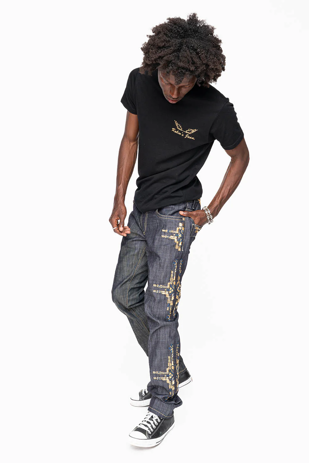 ROBIN’S MEN  SLIM JEAN IN CHAPA GOLD INDIGO RAW DENIM WITH GOLD WING AND CHAPA EMBROIDERY - Image 5