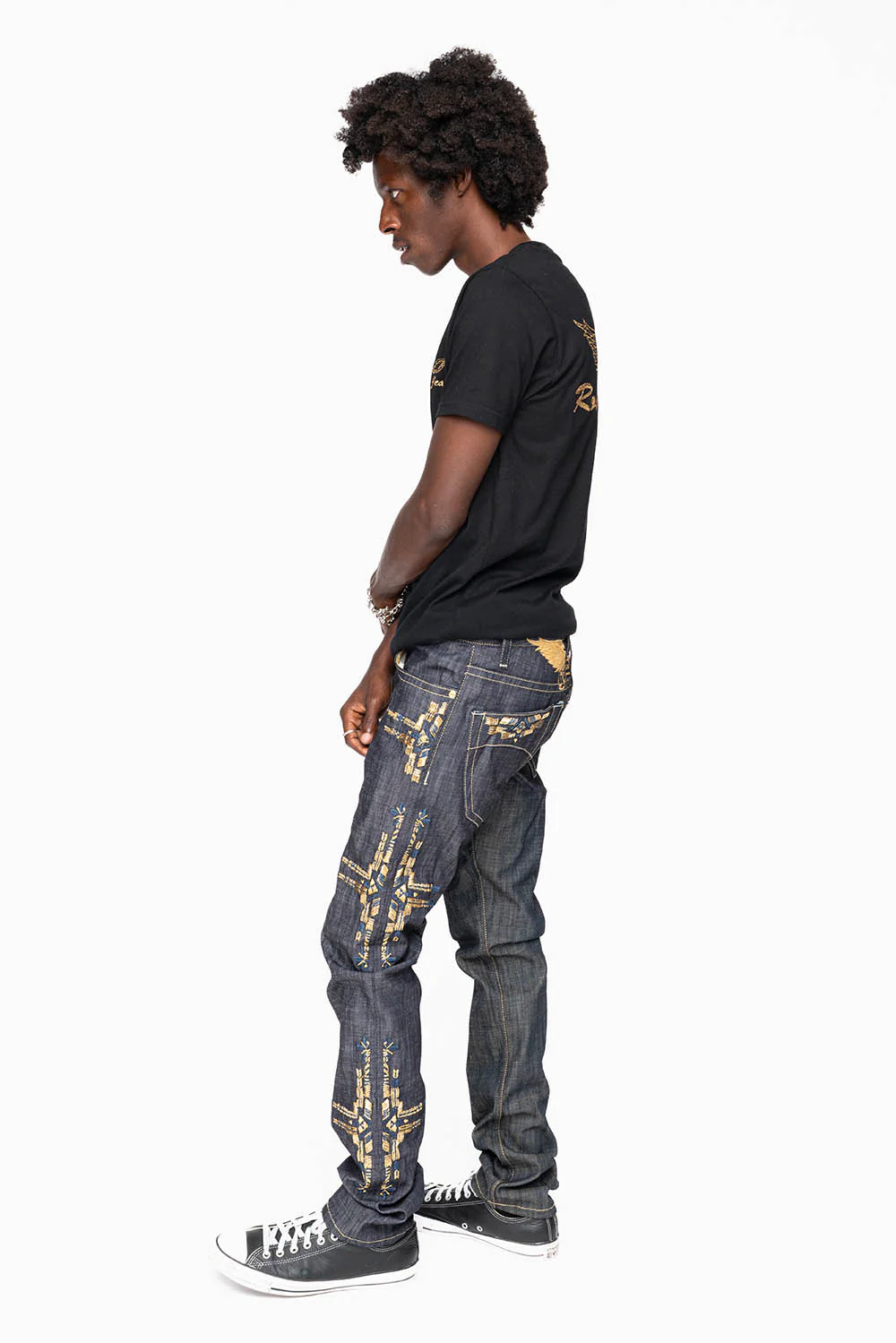 ROBIN’S MEN  SLIM JEAN IN CHAPA GOLD INDIGO RAW DENIM WITH GOLD WING AND CHAPA EMBROIDERY - Image 6