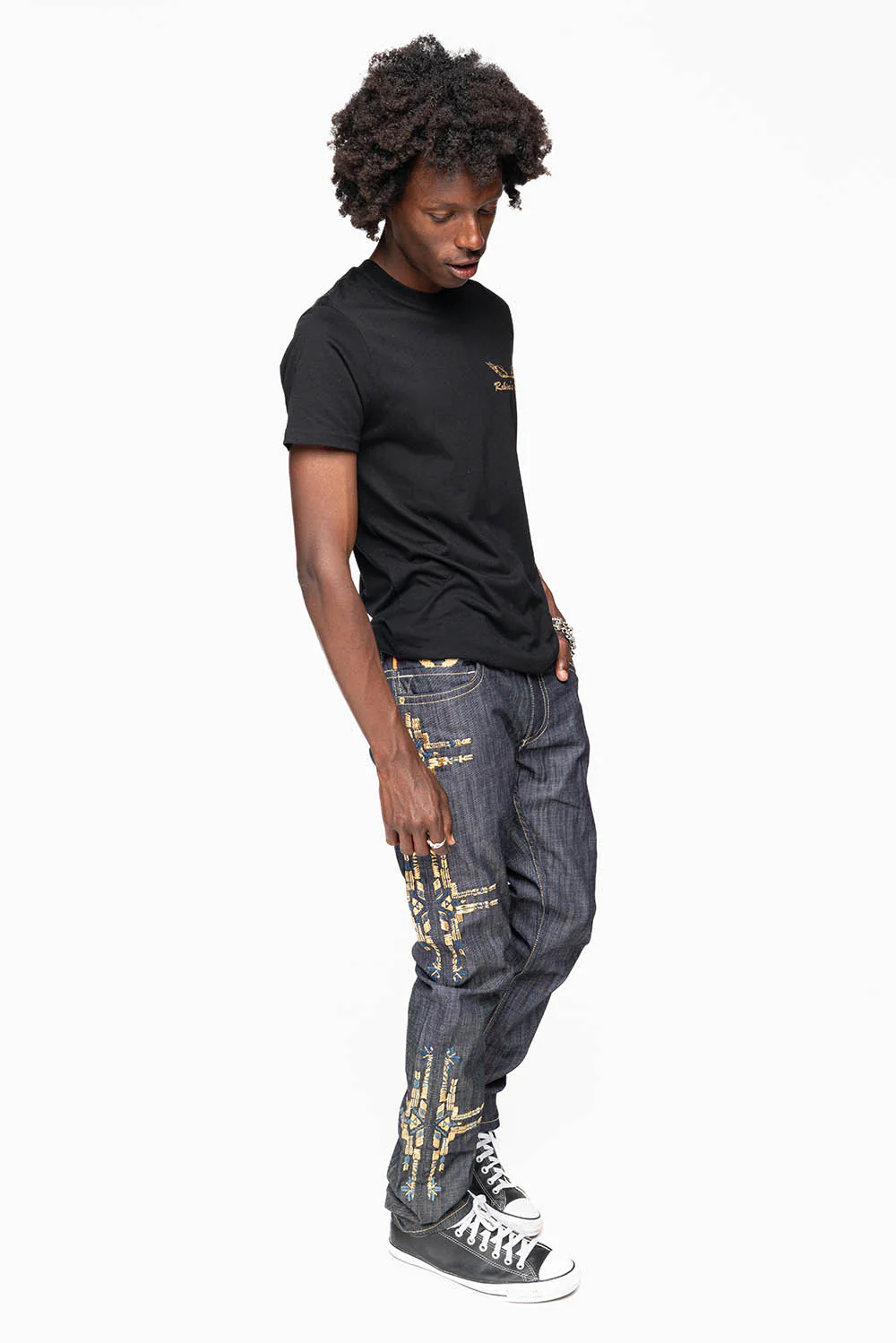 ROBIN’S MEN  SLIM JEAN IN CHAPA GOLD INDIGO RAW DENIM WITH GOLD WING AND CHAPA EMBROIDERY - Image 7