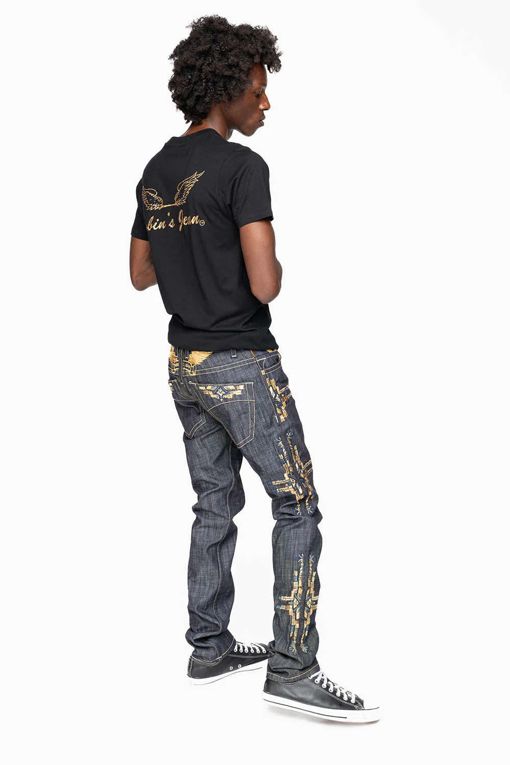 ROBIN’S MEN  SLIM JEAN IN CHAPA GOLD INDIGO RAW DENIM WITH GOLD WING AND CHAPA EMBROIDERY - Image 8