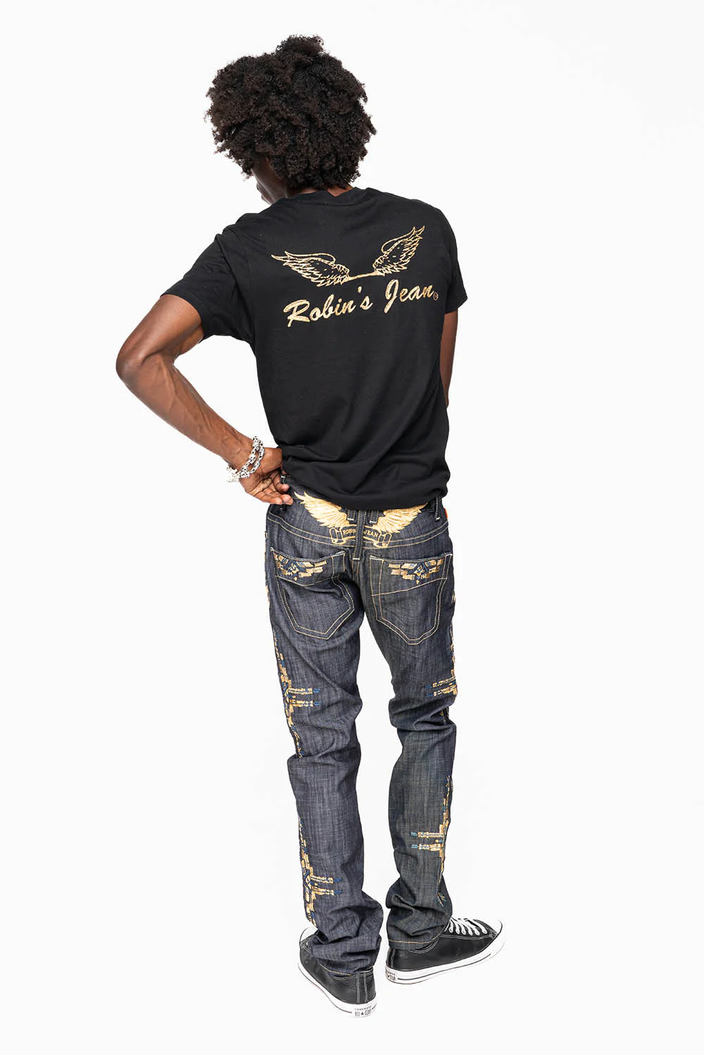 ROBIN’S MEN  SLIM JEAN IN CHAPA GOLD INDIGO RAW DENIM WITH GOLD WING AND CHAPA EMBROIDERY - Image 9