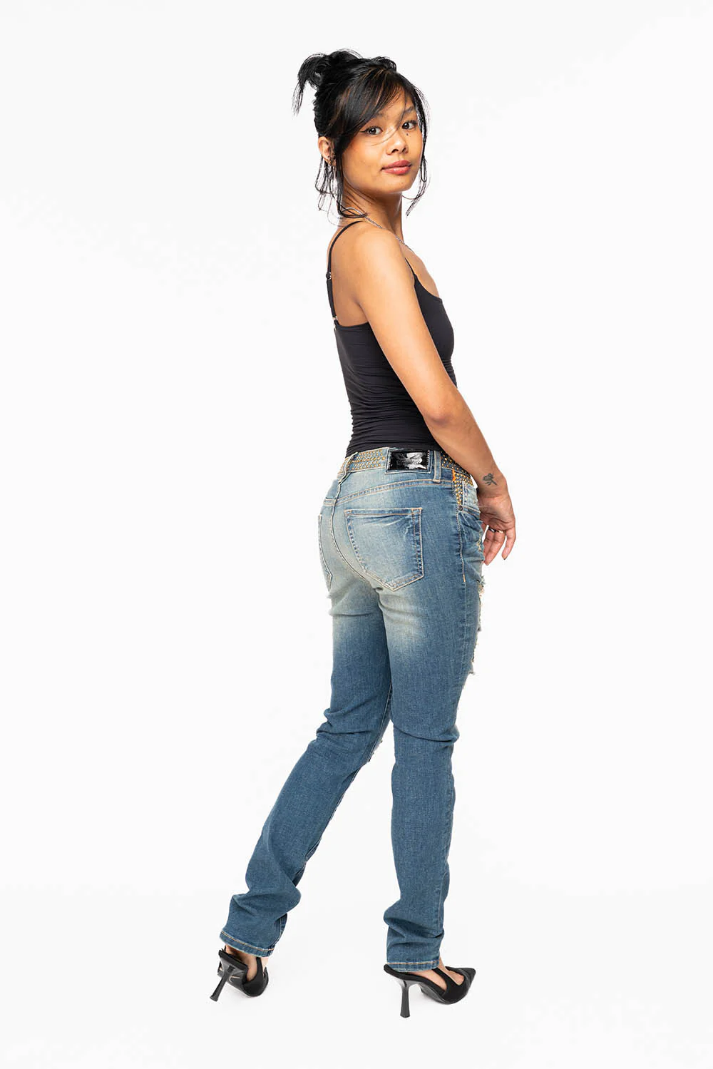 ROBIN’S WOMEN MID RISE STRAIGHT JEAN IN SUPER BROKEN MEDIUM WASH EMBELLISHED WITH GOLD STUDS & CRYSTALS - Image 10