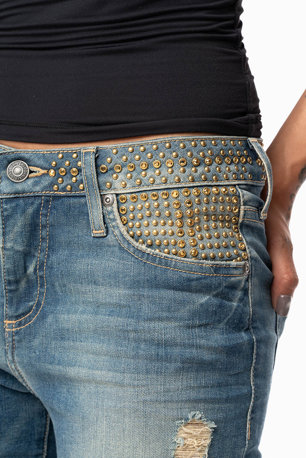 ROBIN’S WOMEN MID RISE STRAIGHT JEAN IN SUPER BROKEN MEDIUM WASH EMBELLISHED WITH GOLD STUDS & CRYSTALS - Image 3