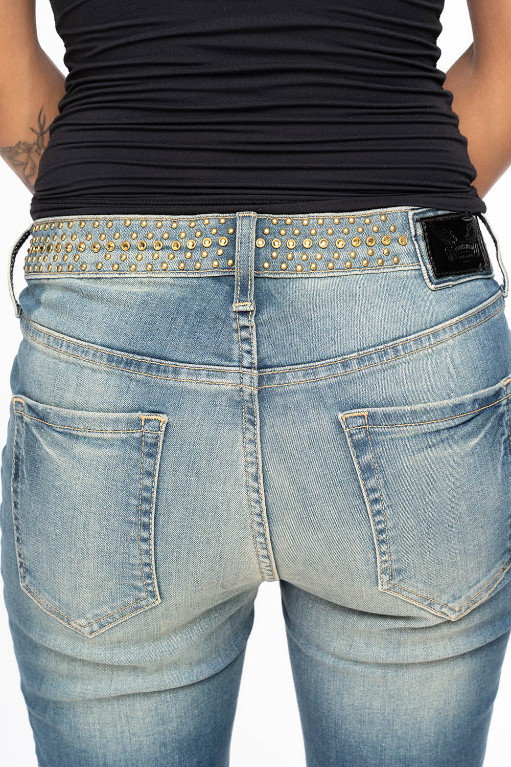 ROBIN’S WOMEN MID RISE STRAIGHT JEAN IN SUPER BROKEN MEDIUM WASH EMBELLISHED WITH GOLD STUDS & CRYSTALS - Image 4