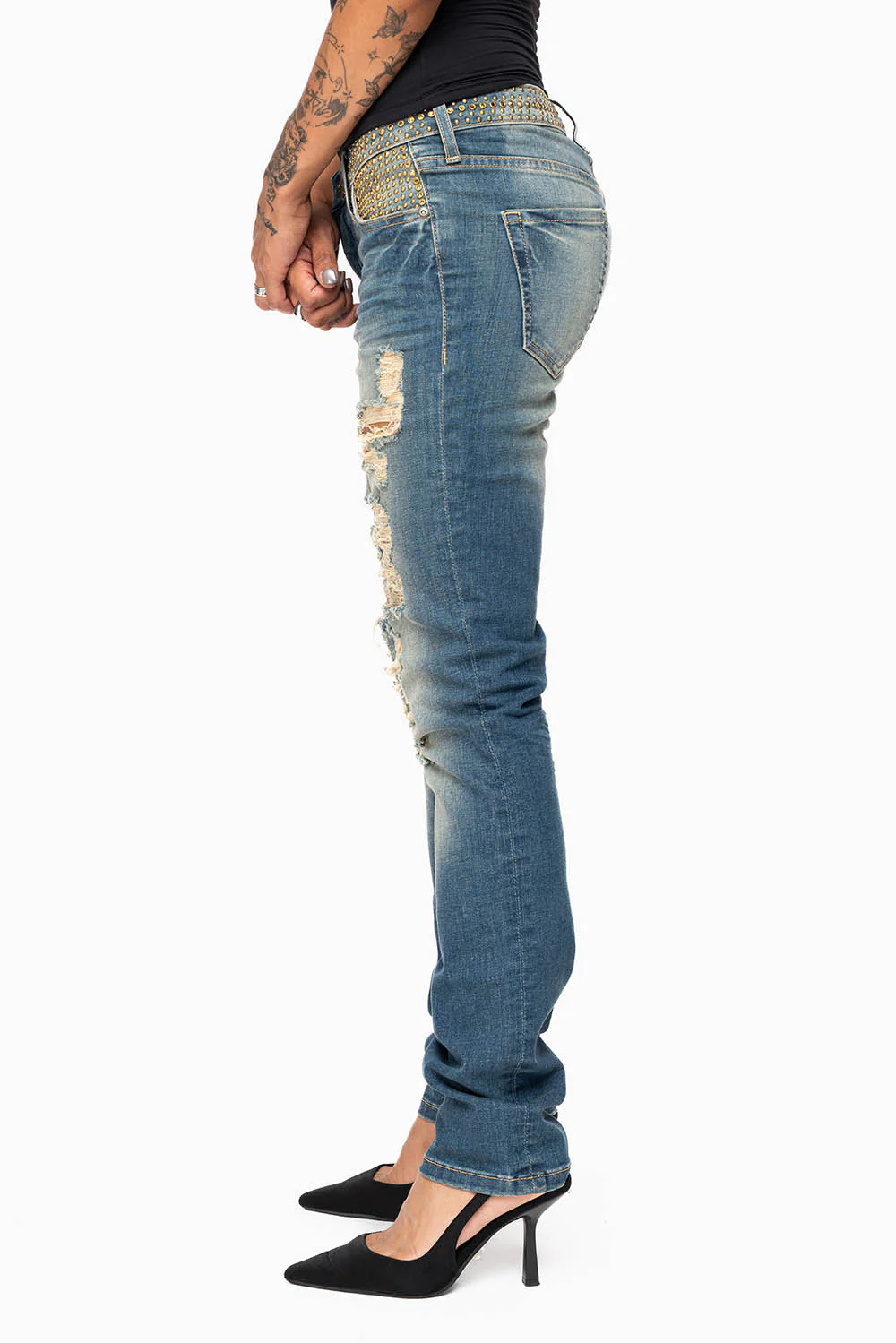 ROBIN’S WOMEN MID RISE STRAIGHT JEAN IN SUPER BROKEN MEDIUM WASH EMBELLISHED WITH GOLD STUDS & CRYSTALS - Image 5