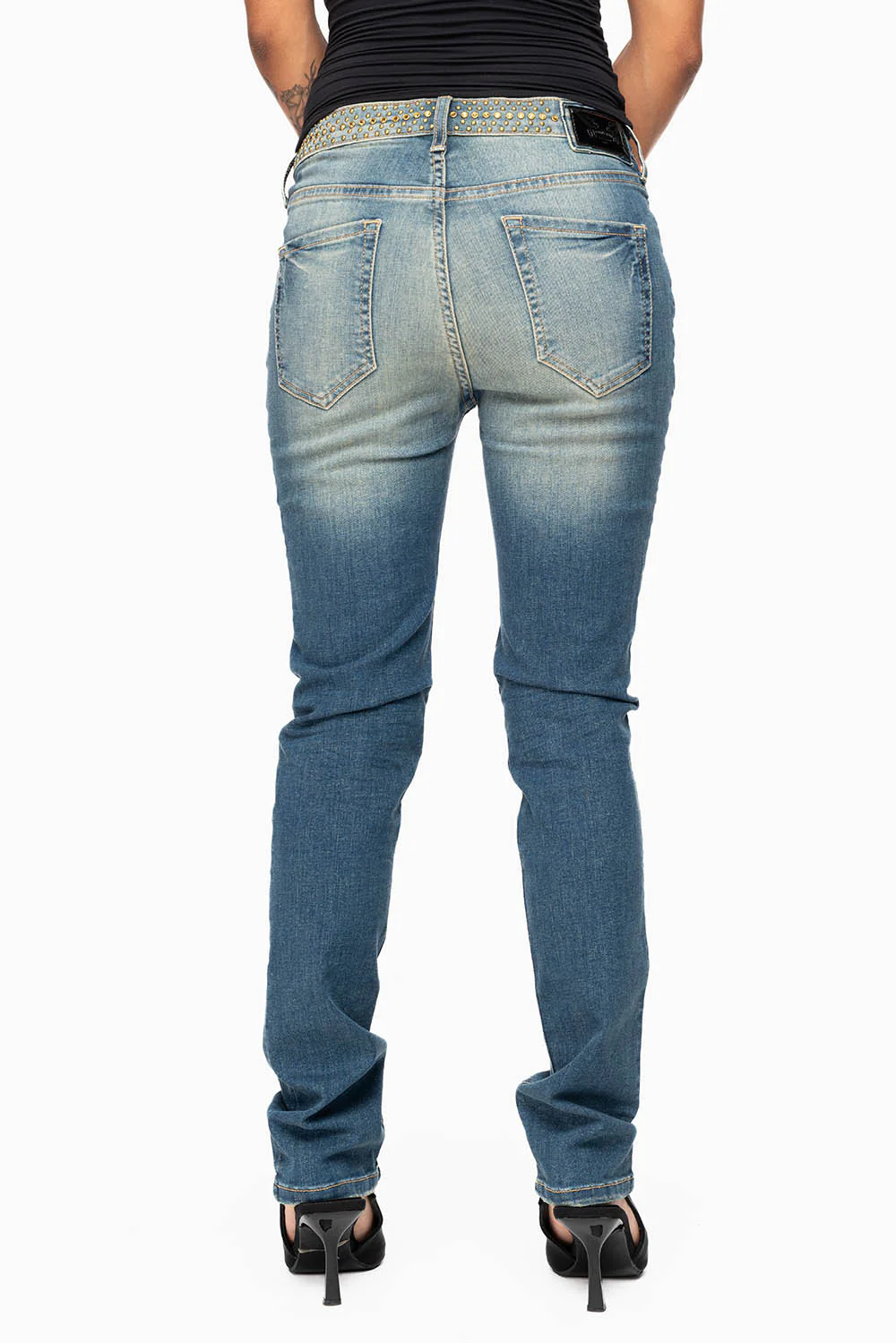 ROBIN’S WOMEN MID RISE STRAIGHT JEAN IN SUPER BROKEN MEDIUM WASH EMBELLISHED WITH GOLD STUDS & CRYSTALS - Image 6