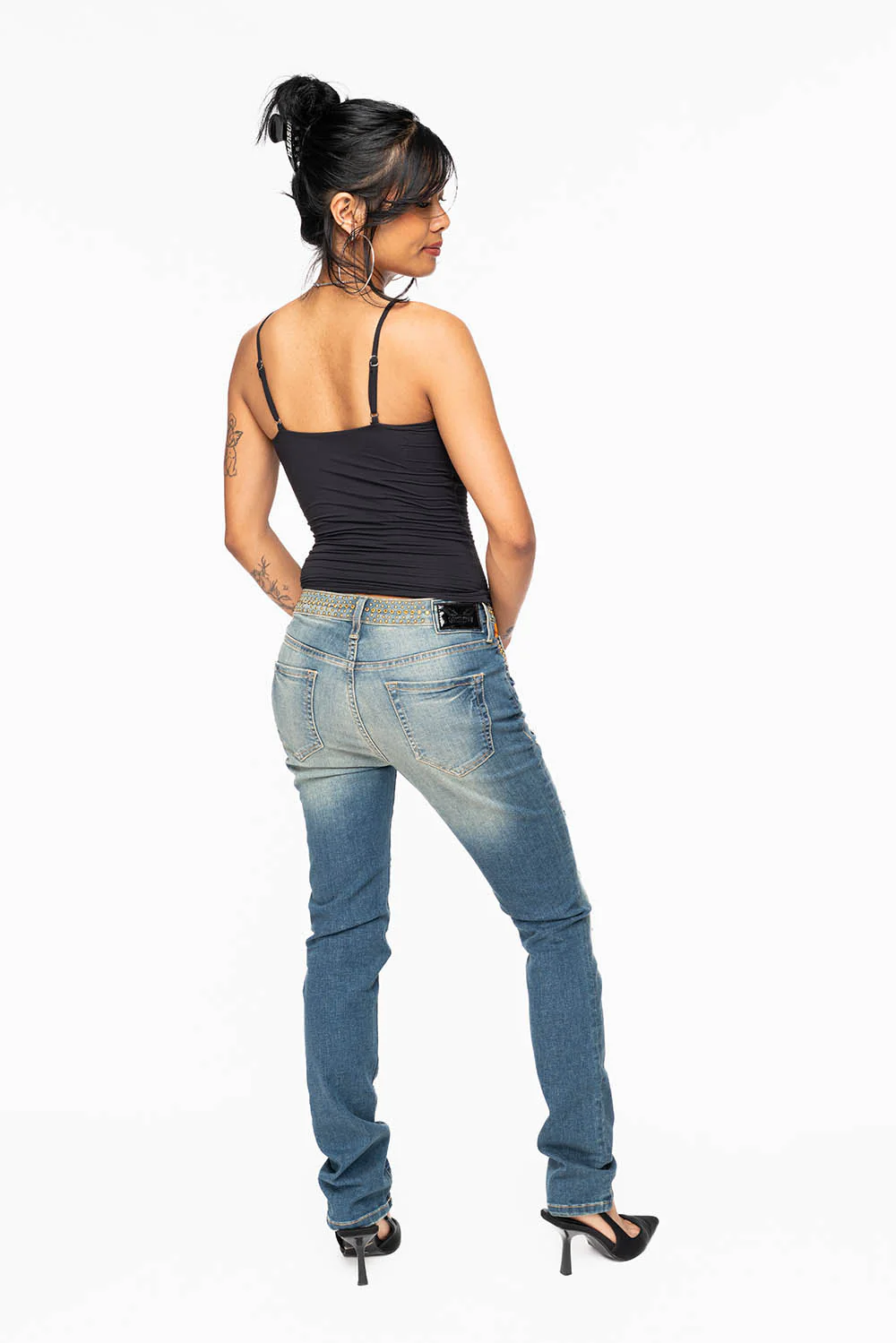 ROBIN’S WOMEN MID RISE STRAIGHT JEAN IN SUPER BROKEN MEDIUM WASH EMBELLISHED WITH GOLD STUDS & CRYSTALS - Image 9