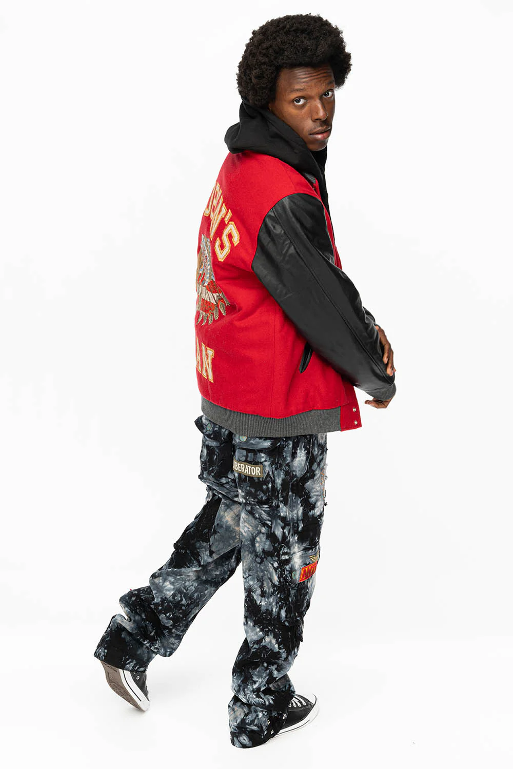 ROBIN’S WOOL & LEATHER VARSITY BOMBER JACKET IN RED/BLACK - Image 3